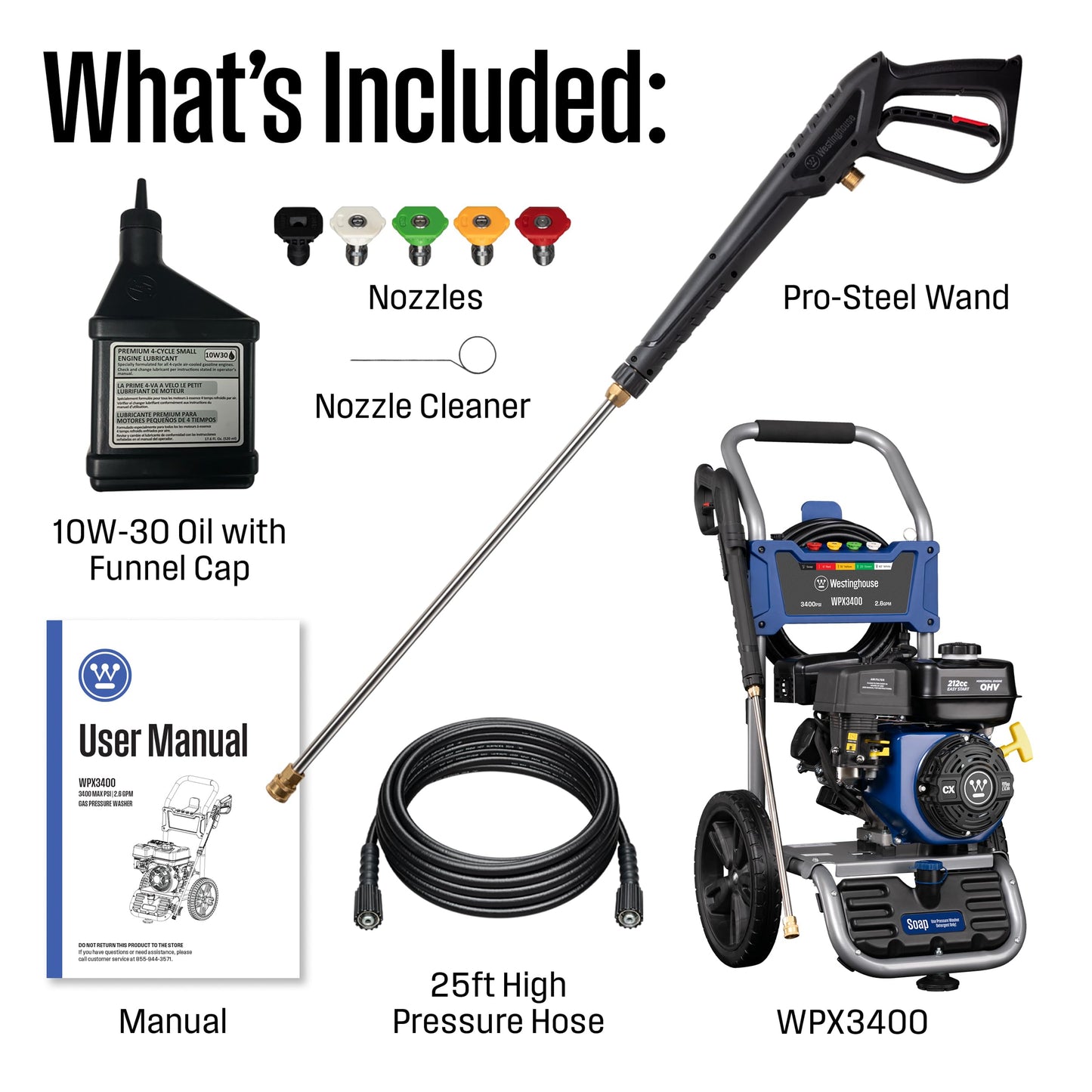 Westinghouse WPX3400 Gas Pressure Washer, 3400 PSI and 2.6 GPM, Onboard Soap Tank, Spray Gun and Wand, 5 Nozzle Set, for Cars/Fences/Driveways/Homes/Patios/Furniture