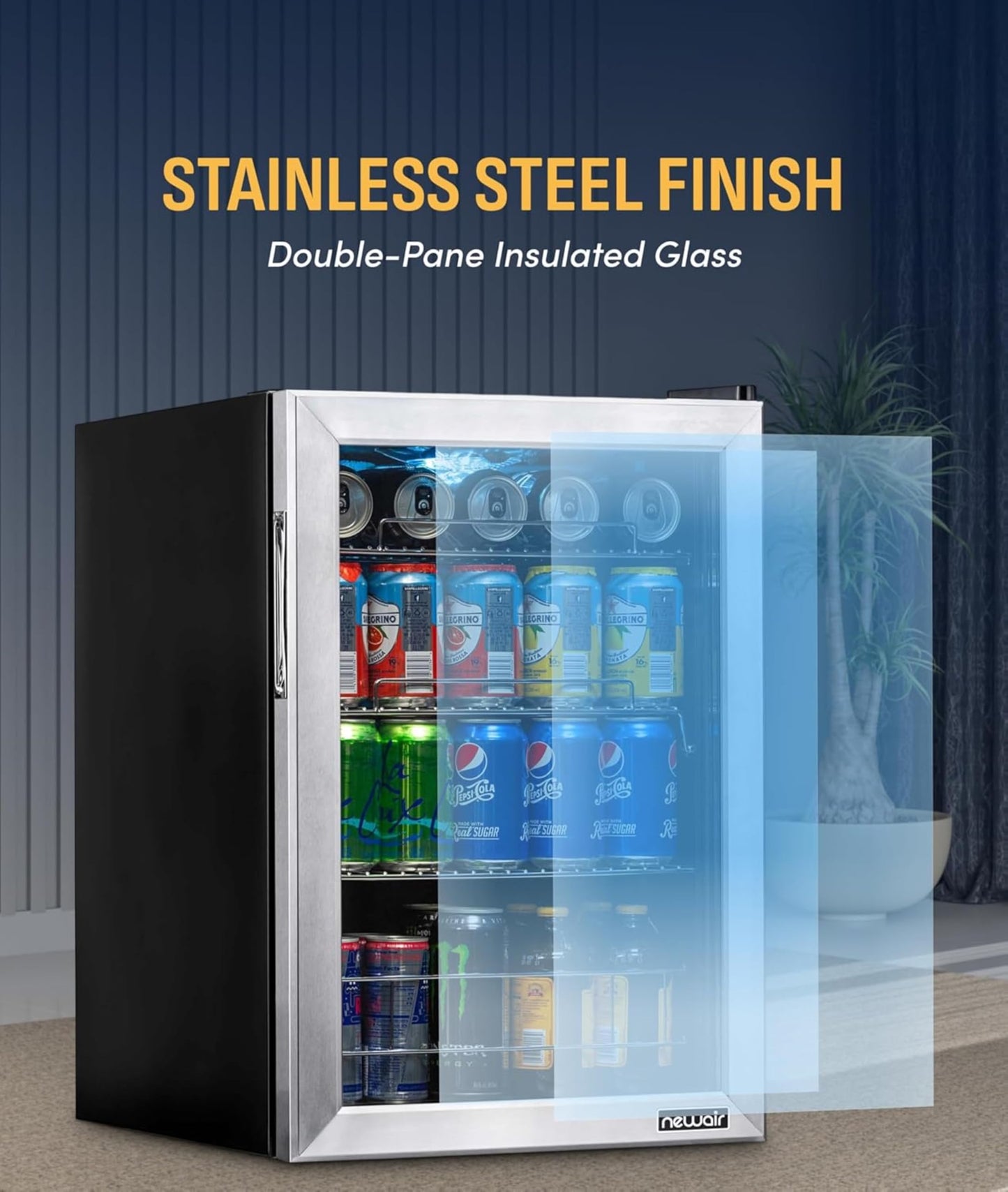 NewAir 90 Can Beverage Refrigerator | 17” Freestanding Small Mini Fridge for Bedroom, Home Bar or Office | Quiet Compressor Cooling & Adjustable Shelves | Stainless Steel