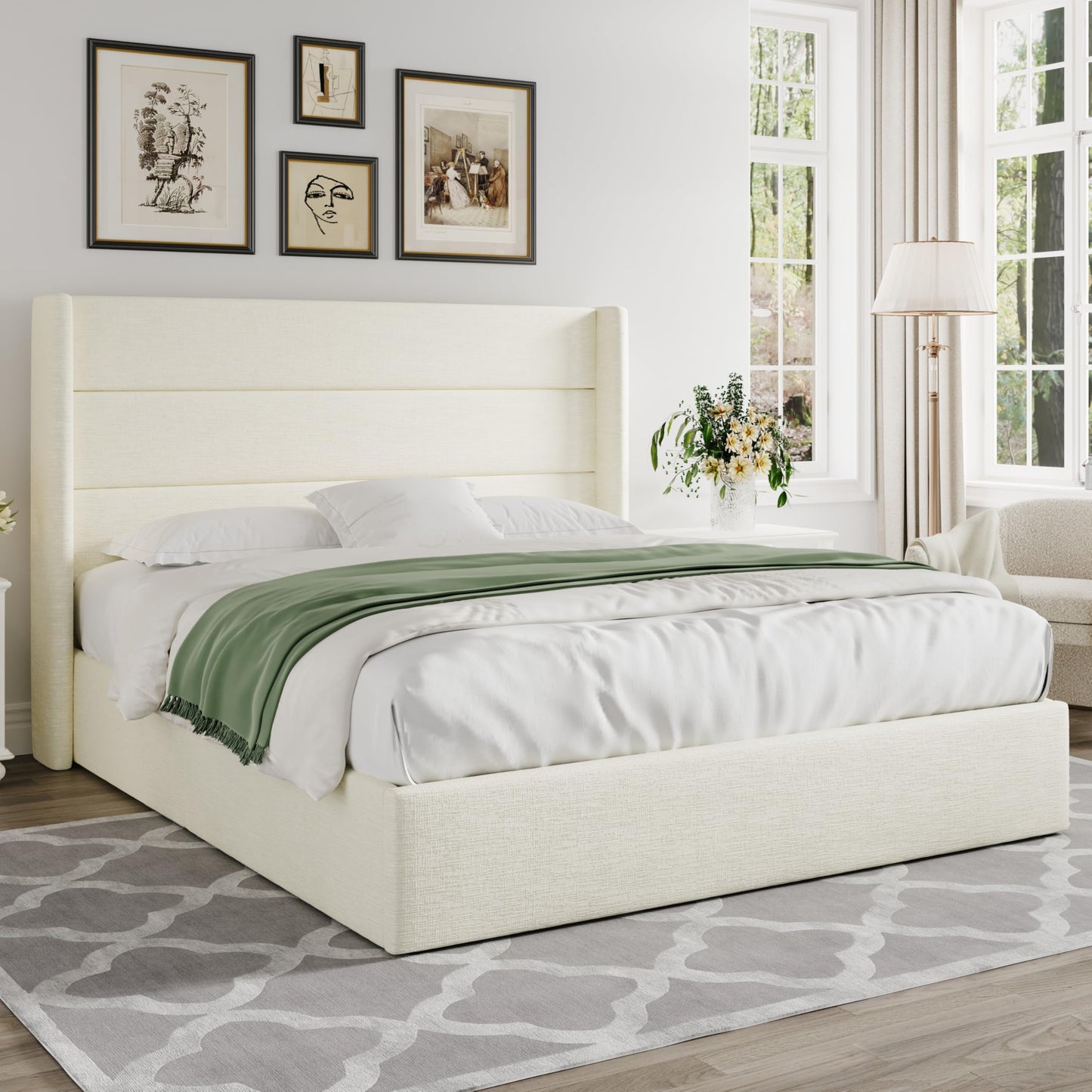Allewie Queen Size Lift Up Storage Bed, Chenille Fabric Upholstered, Modern Wingback Headboard, Hydraulic Support, No Box Spring Needed, Cream White