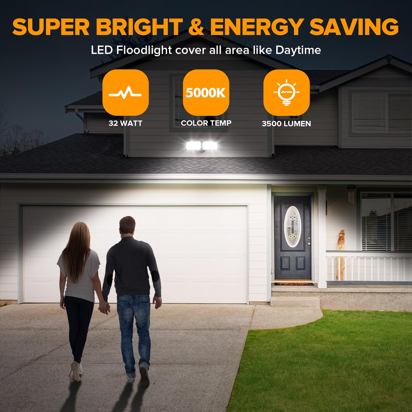 LUTEC Dual-Head LED Flood Light 32W 3500LM 5000K Waterproof Outdoor Security Light Black
