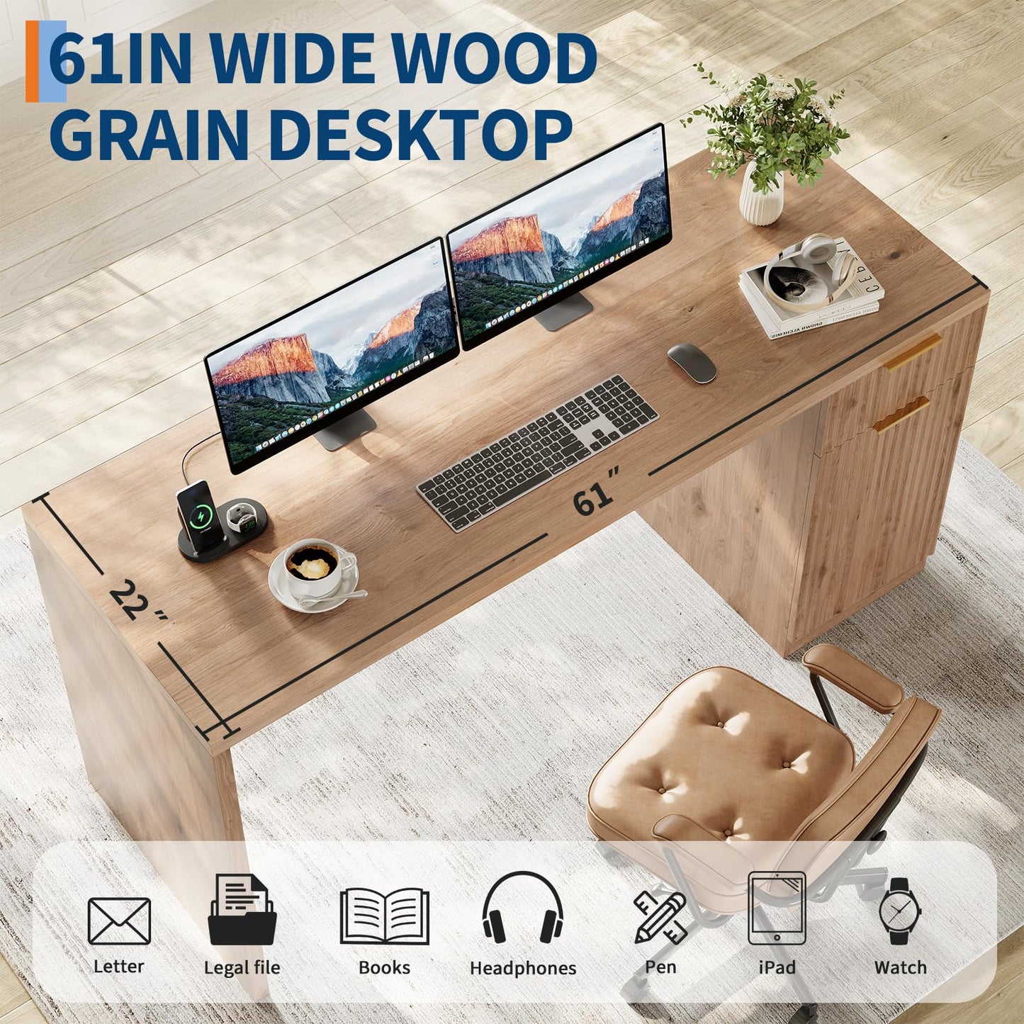 Garvee Executive Desk with Drawer and Power Outlet, 61" Large Farmhouse Computer Desk Home Office Wood Executive Desk with Adjustable Shelf for Work Study Writing, Oak