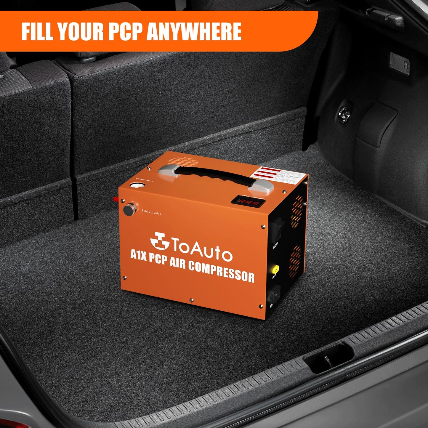 TOAUTO A1X PCP Air Compressor,4500Psi 30Mpa, Water/Oil-Free, One Button Start, Bursting disc, Powered by Car 12V DC or Home 110V AC (A1X)