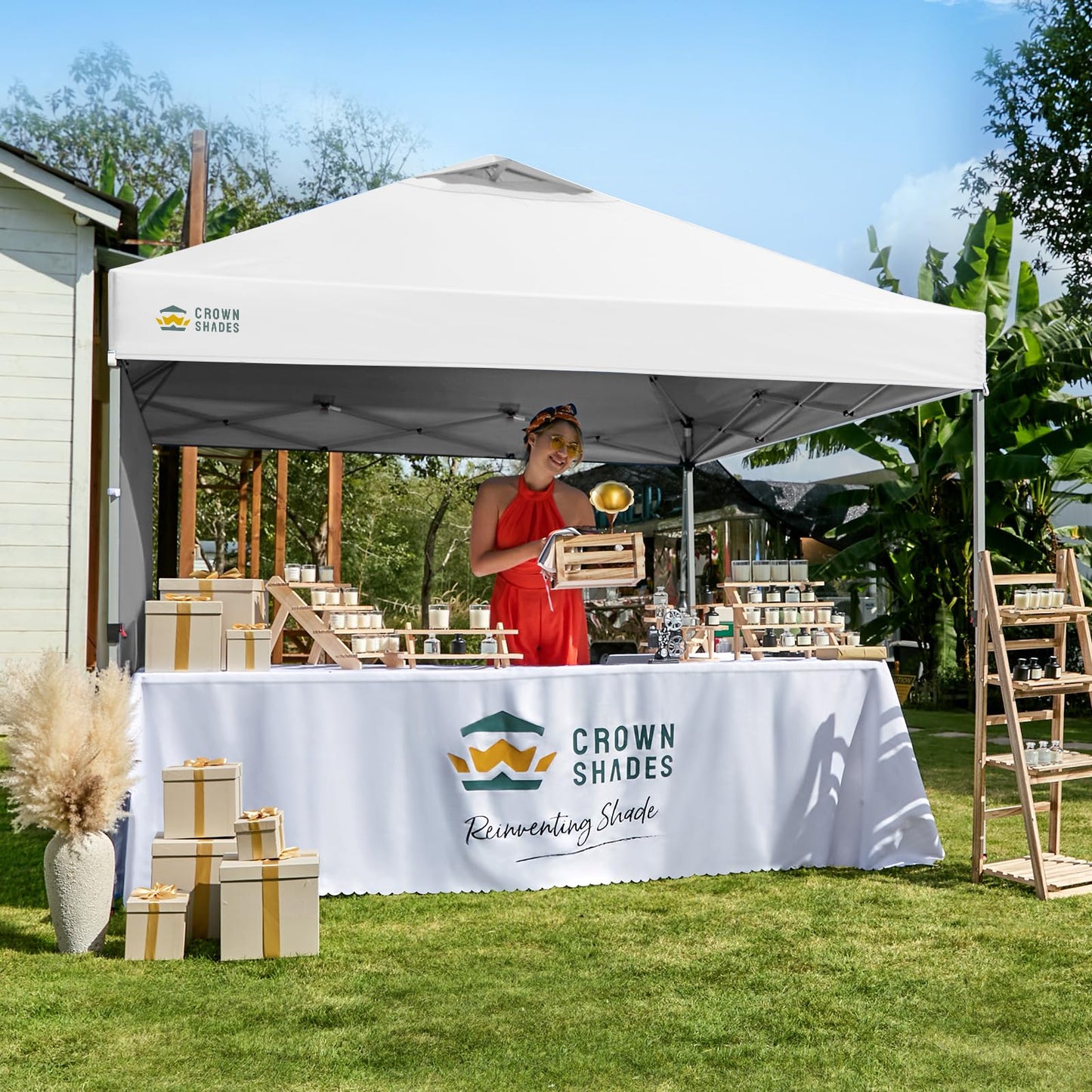 CROWN SHADES 10x10 Pop Up Canopy with 1 Side Wall - Beach Tent with One Push Setup - Outdoor Sun Shade for Events, Parties, Camping - Gazebo with STO-N-Go Cover Bag (White)