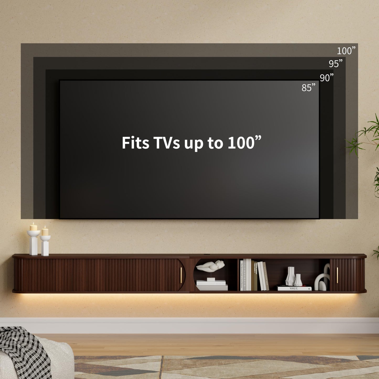 DHH 94.8" Floating TV Stand with Power Outlet for TVs up to 100", Mid Century Modern TV Console with RGB LED Lights, Fluted Entertainment Center with Sliding Door for Living Room, Bedroom (Walnut)
