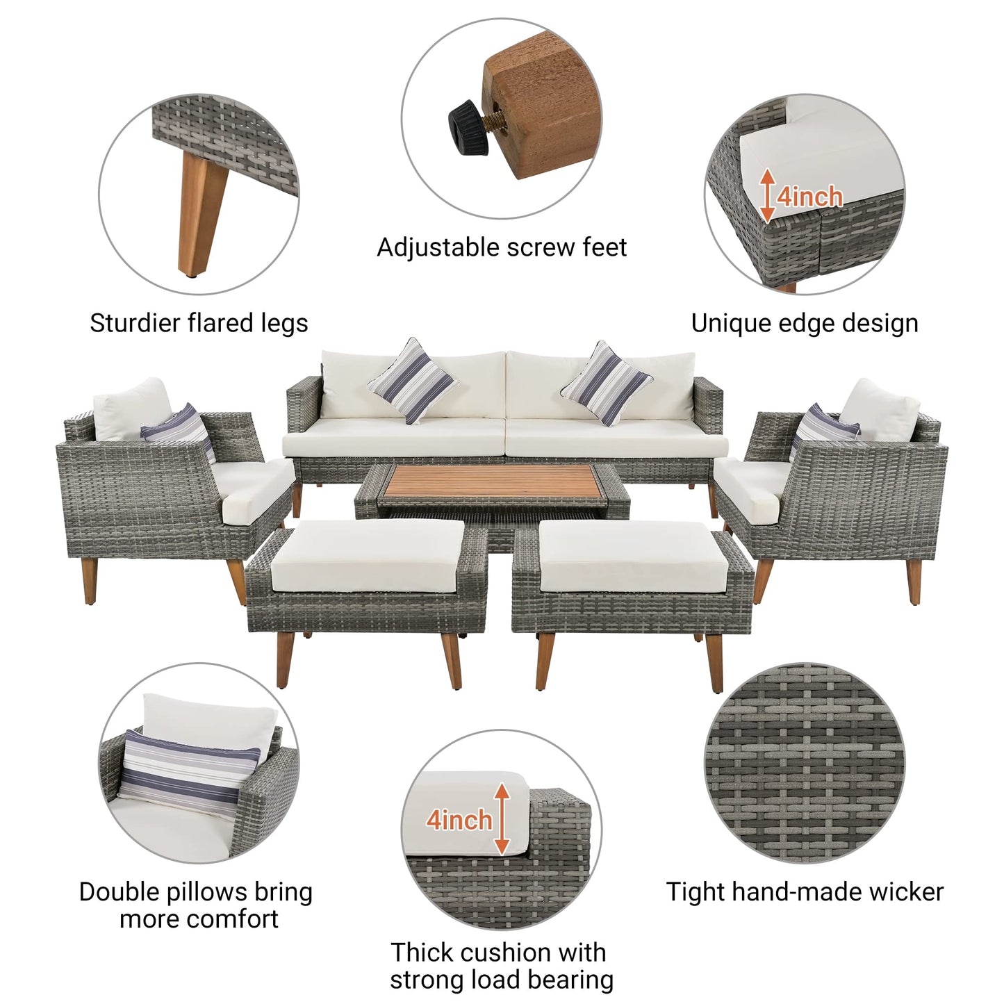 Merax 6-Piece Wicker Patio Sofa Set, Outdoor Rattan Conversation Set with Double Cushions, Solid Wood Legs and Wood Table Top