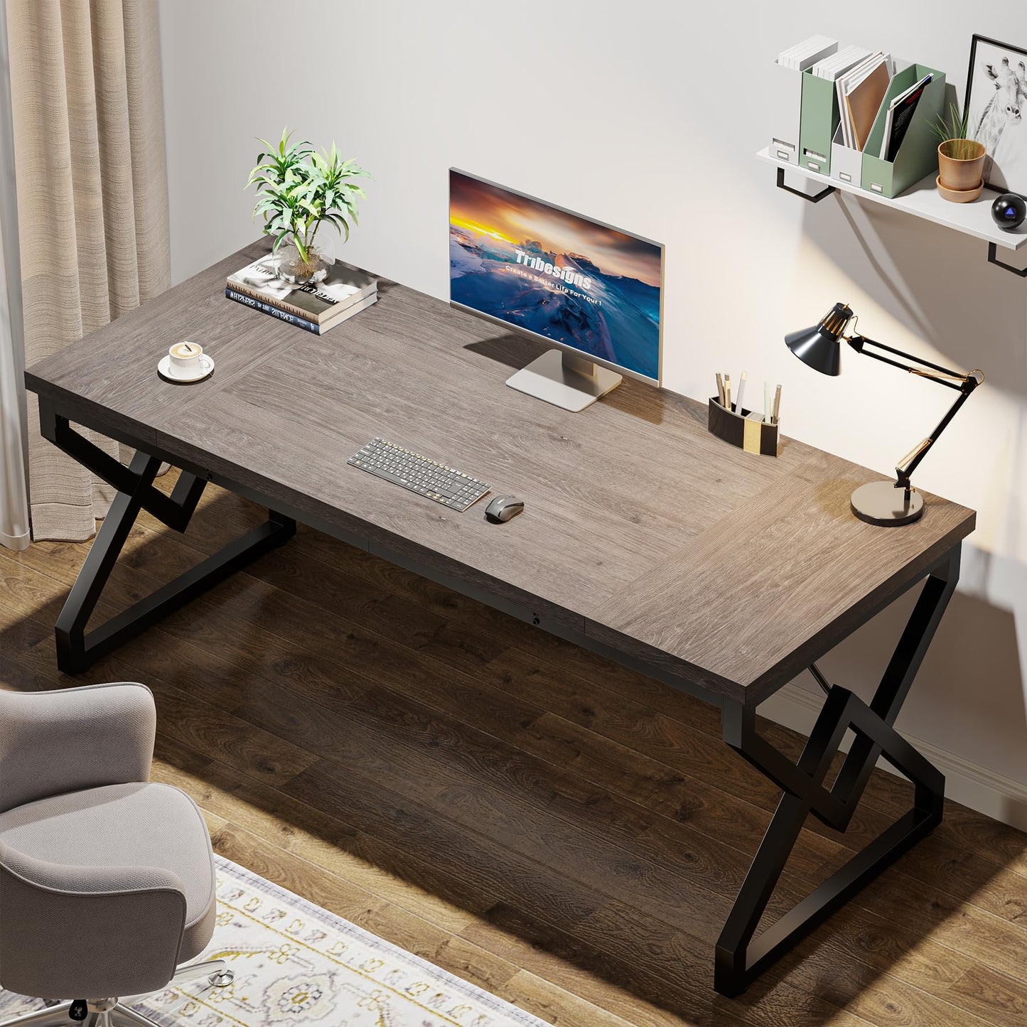 Tribesigns 63 Inch Executive Desk, Large Office Computer Desk with Extra Thick Wooden Tabletop and Metal Frame, Modern Simple Workstation Writing Table Study Desk for Home Office, Gray