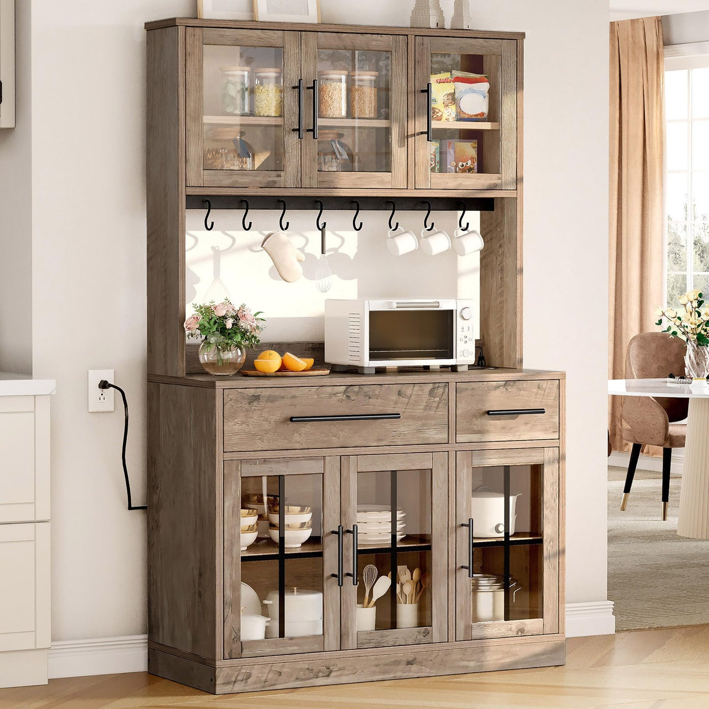 YITAHOME 71" Tall Kitchen Pantry Cabinet with Microwave Stand & Built-in Power Outlet, Buffet Cupboard with Acrylic Doors, Drawers and 8 Hanging Hooks for Kitchen, Dining Room, Living Room, Grey Oak