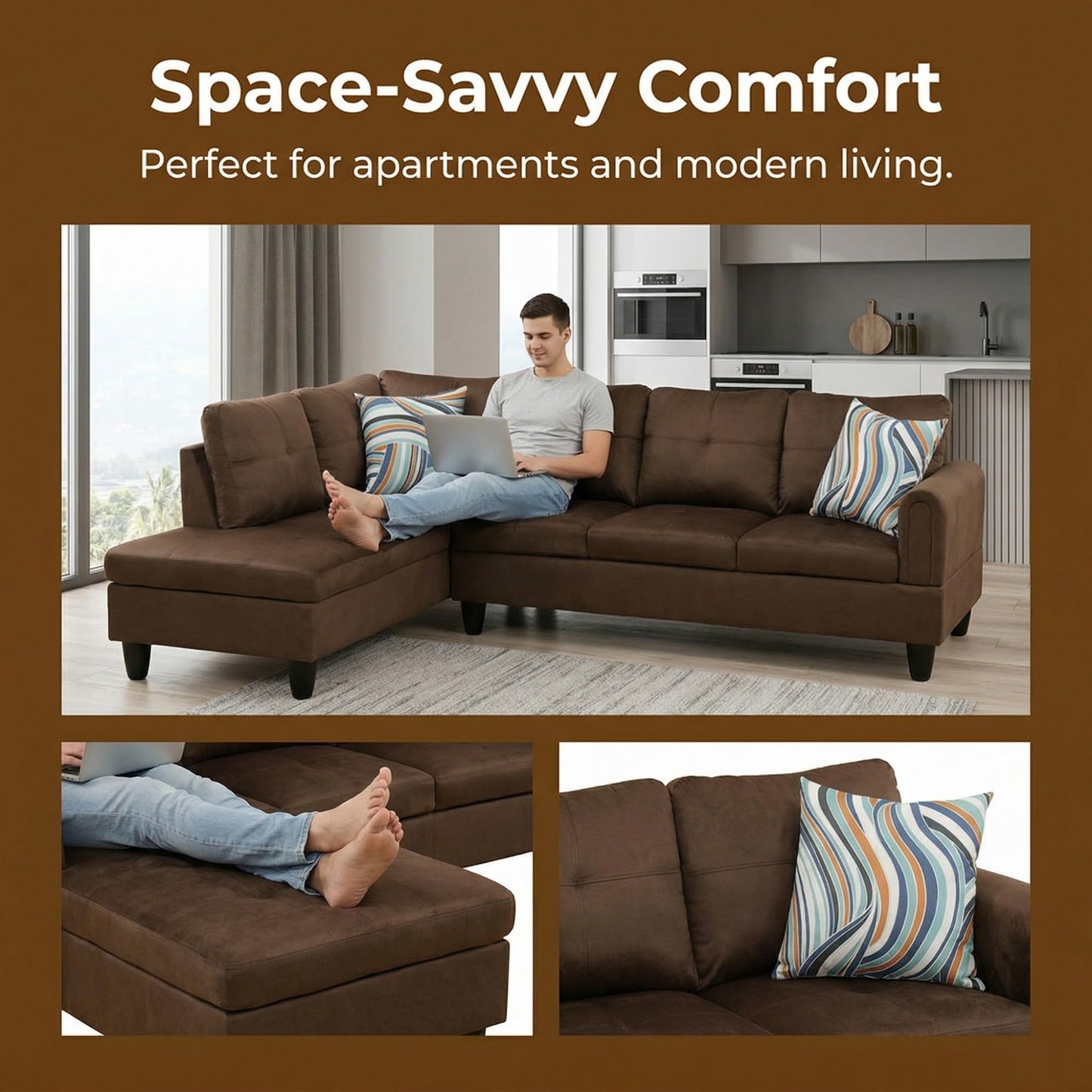 NicBex Comfy Couches for Living Room, 2-Piece 97" L-Shaped Sectional Couch with Movable Chaise, Modern Sofa Living Room Set for Apartment, Office & Bedroom, Dark Brown