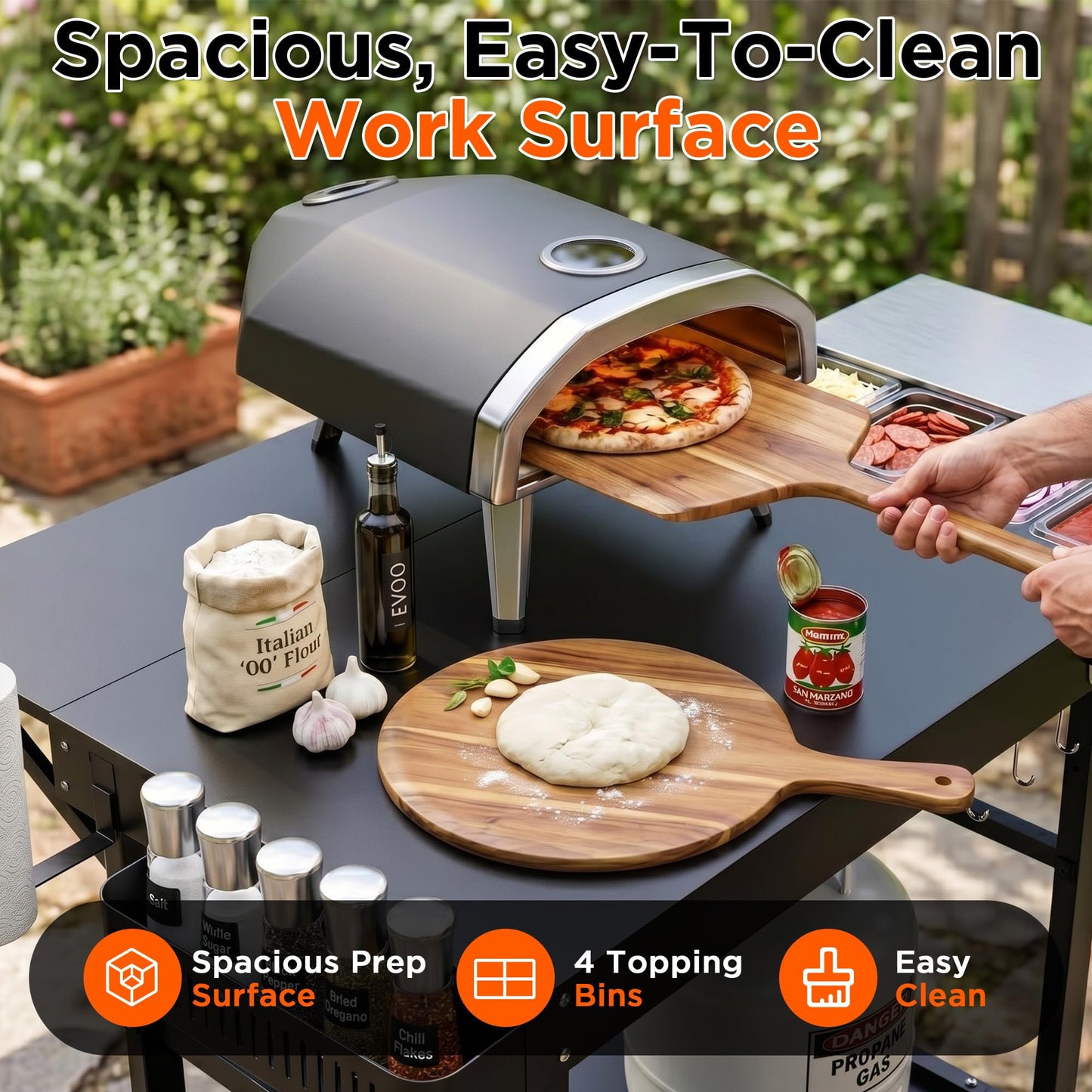 DeintYei Pizza Oven Table for Ooni Pizza Ovens, Grill Cart Table with Topping Station, Large Countertop Pizza Oven Stand, Foldable Outdoor Cooking Stand with Propane Storage