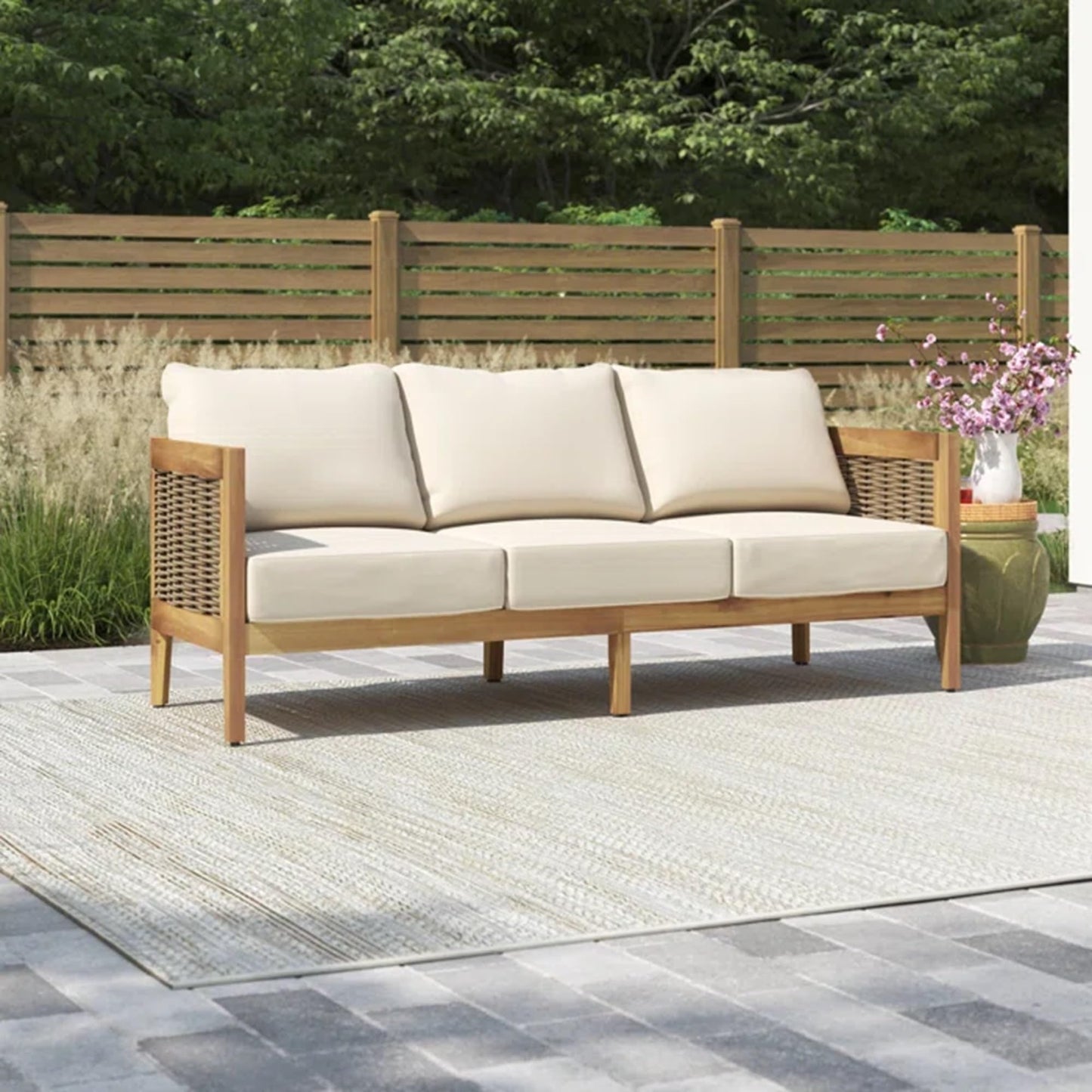 Merax 76.5" Outdoor Acacia Wood Wicker 3 Seater Sofa, Patio Furniture Couch for Backyard