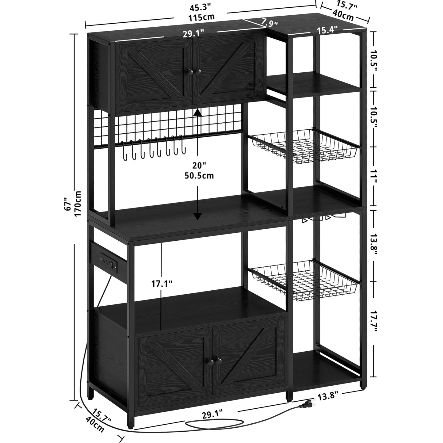 IRONCK Bakers Rack with 2 Storage Cabinets and Power Outlet, 45.3 Inch Industrial Coffee Bar Cabinet Shelves, Kitchen Microwave Stand with Storage, Vintage Black
