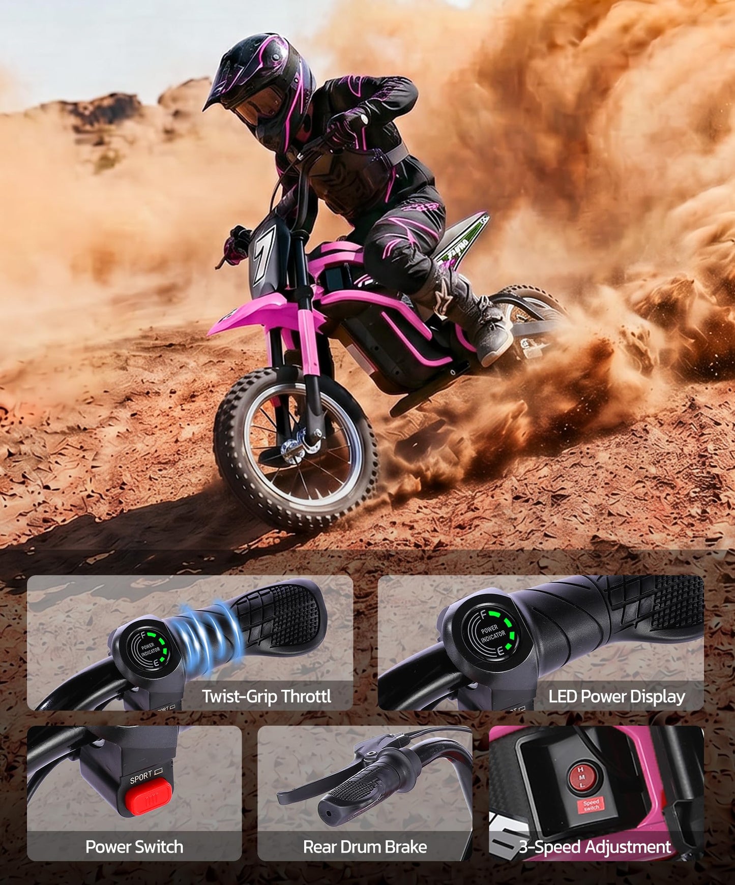 ELEMARA Electric Dirt Bike,350W Motorcycle 24V Ride on Toy for Big Kids w/LED Power Display,15.5 mph & 150lb Max,3 Speeds,Chain-Driven Motor,Twist-Grip Throttle & Brake Lever,12" Air-Filled Tires-Pink