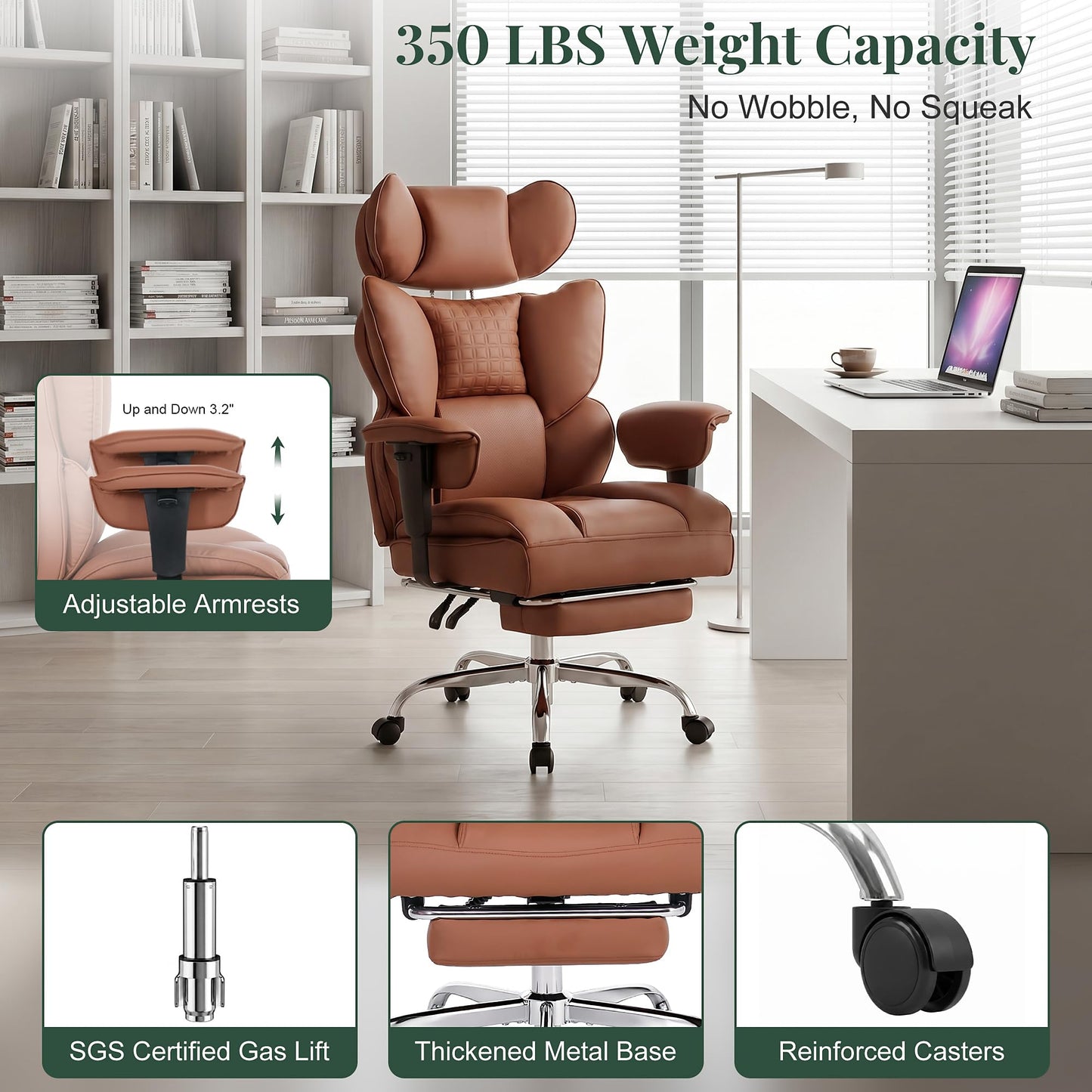 HAPPYMONT Big and Tall Ergonomic Office Chair,350 lbs,High Back Reclining PU Leather Gaming Chair with Footrest, Adjustable Armrests, Lumbar Support, Executive Desk Chair for Home Office, Brown