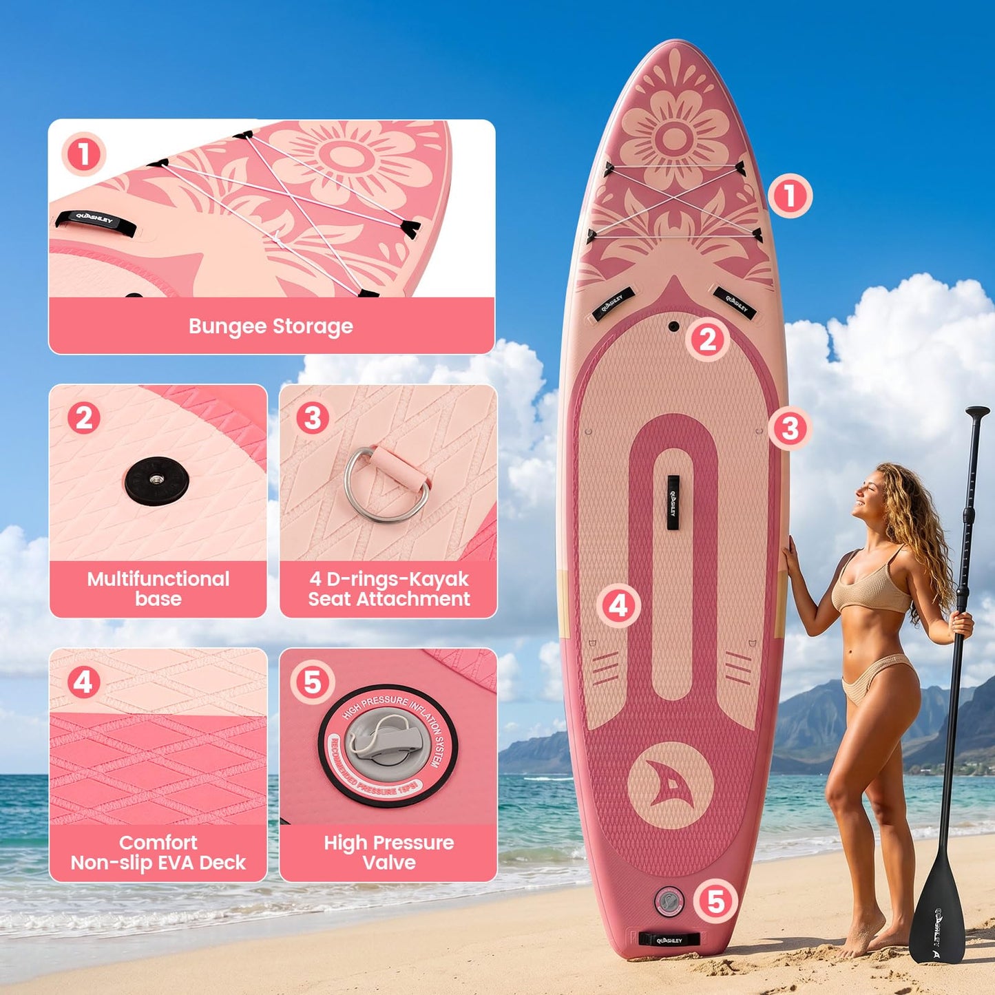 Quashley Inflatable Stand Up Paddle Board - All-Round SUP for Yoga,Fishing,Touring | Portable,Stable,Lightweight with Non-Slip Deck & Paddle for Beginners & Family Fun Whis-P
