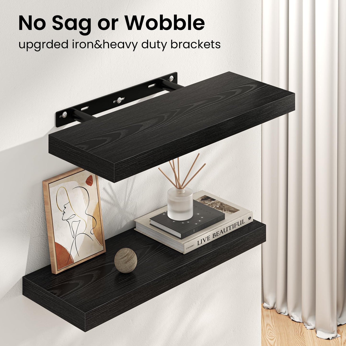 Floating Shelves for Wall, 72"W x 9.3"D x 1.5"H, Long Wooden Wall Mounted Display Shelves with Invisible Brackets for Living Room, Bedroom, Bathroom, Kitchen Decor and Storage, Set of 2, Black