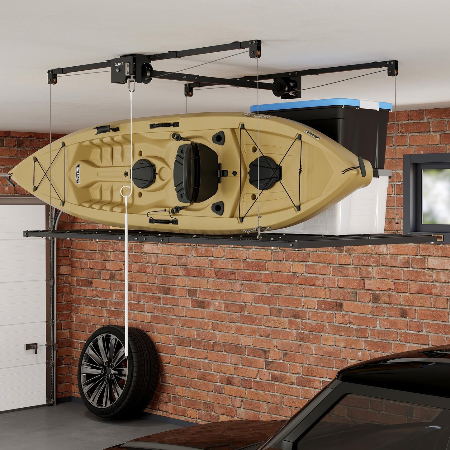 Garvee Overhead Garage Storage Rack Lift, 4x8 ft Ceiling Mounted Storage Racks, 12FT Max Adjustable Height, 800lbs Weight Capacity, Heavy-Duty Metal Ceiling Rack for Organization