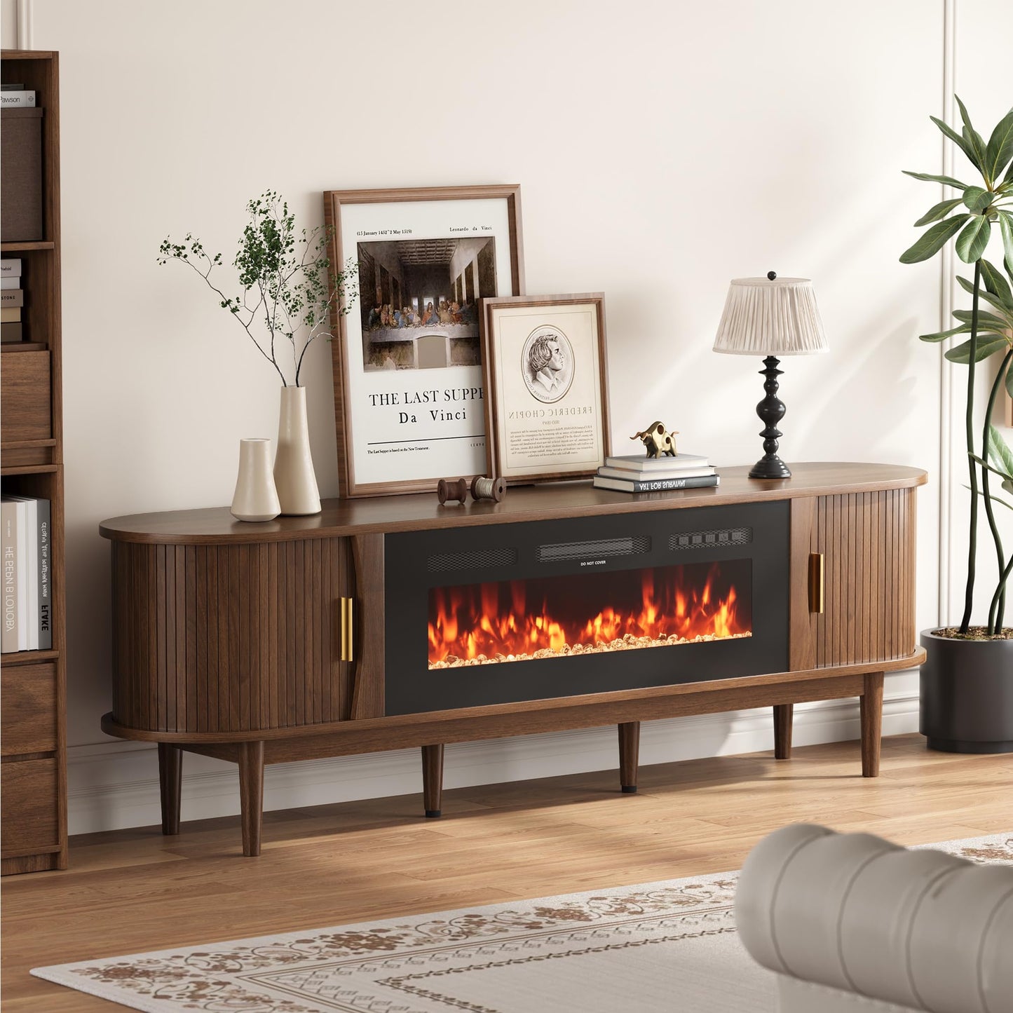 Decofy 70″ Fluted Fireplace TV Stand for 80″ TVs, Remote & Touch Control Adjustable Flame Colors & Temperature, Entertainment Center with Storage, Modern Media TV Console Table for Living Room(Walnut)