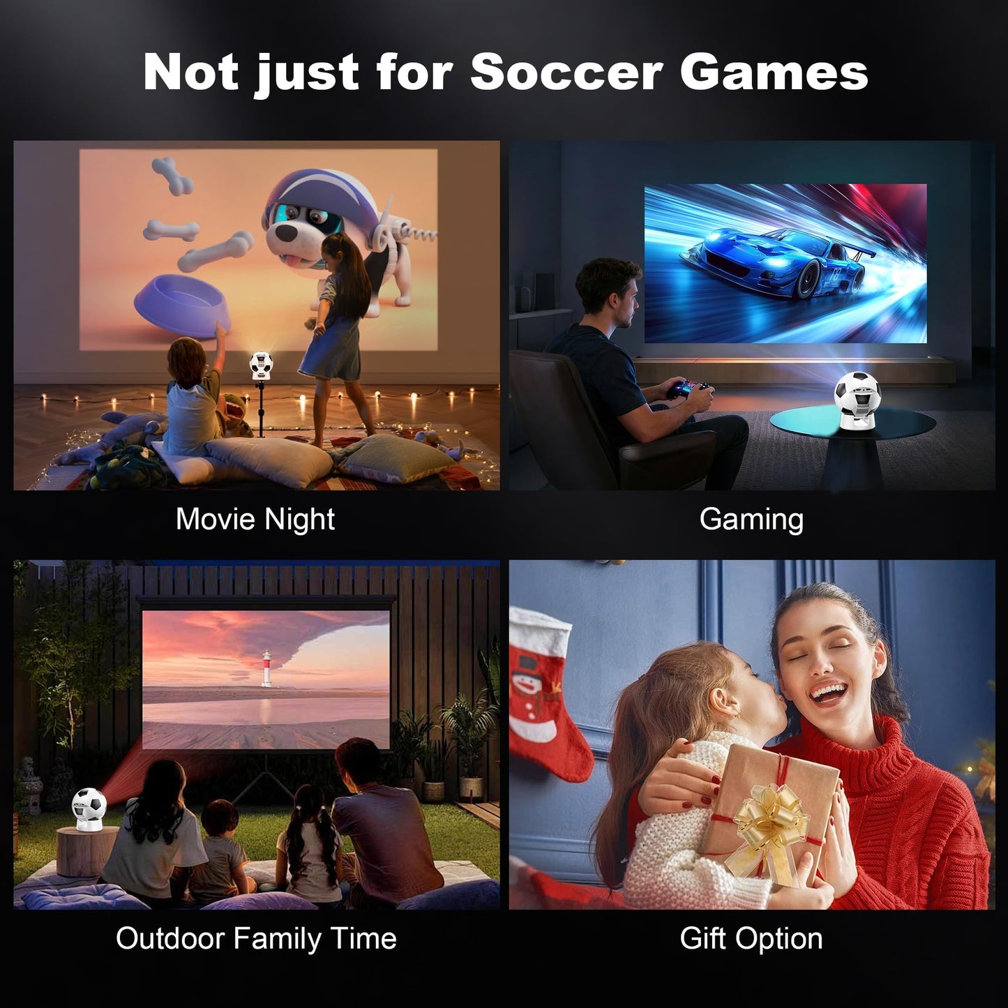 Soccer Fan's Ultimate Native 1080P Projector with Built-in Apps, Bluetooth Projector with Dual Bond Wi-Fi 6, 180° Rotatable Integrated stand, Gift for Big Soccer Match Supporters