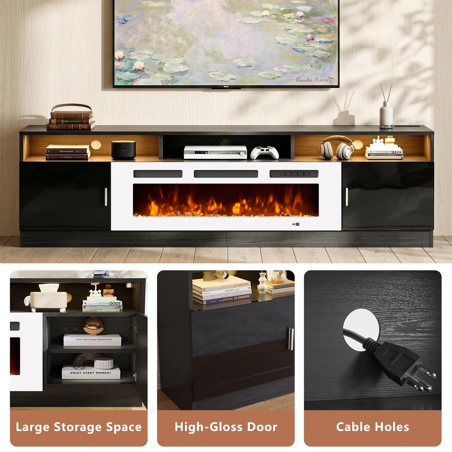 MXV 70" Fireplace TV Stand with Power Outlet for TVs UP to 80", Electric Fireplace Entertainment Center with LED Lights & Storage Cabinets, TV Console for Living Room, Office, Black-White
