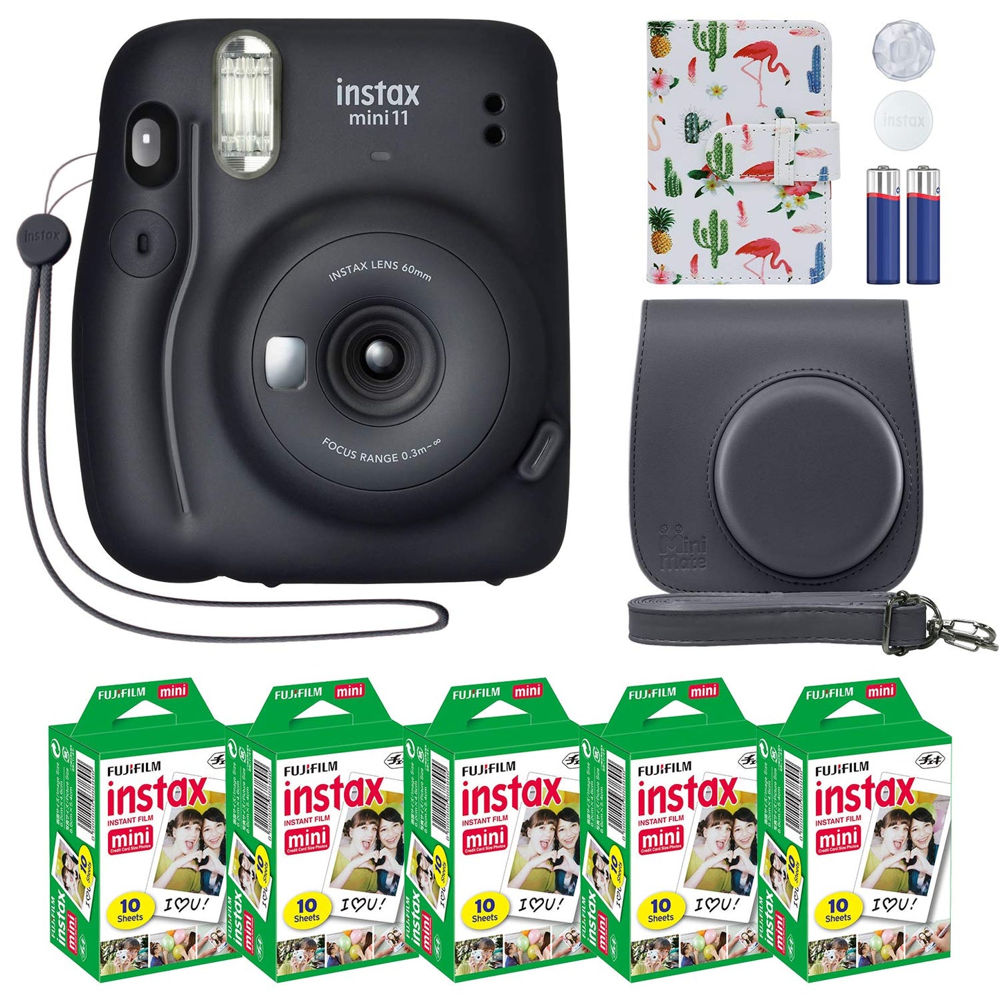 Fujifilm Instax Mini 11 Instant Camera Charcoal Gray + MiniMate Accessory Bundle & Compatible Custom Case + Fuji Instax Film Value Pack (50 Sheets) Flamingo Designer Photo Album