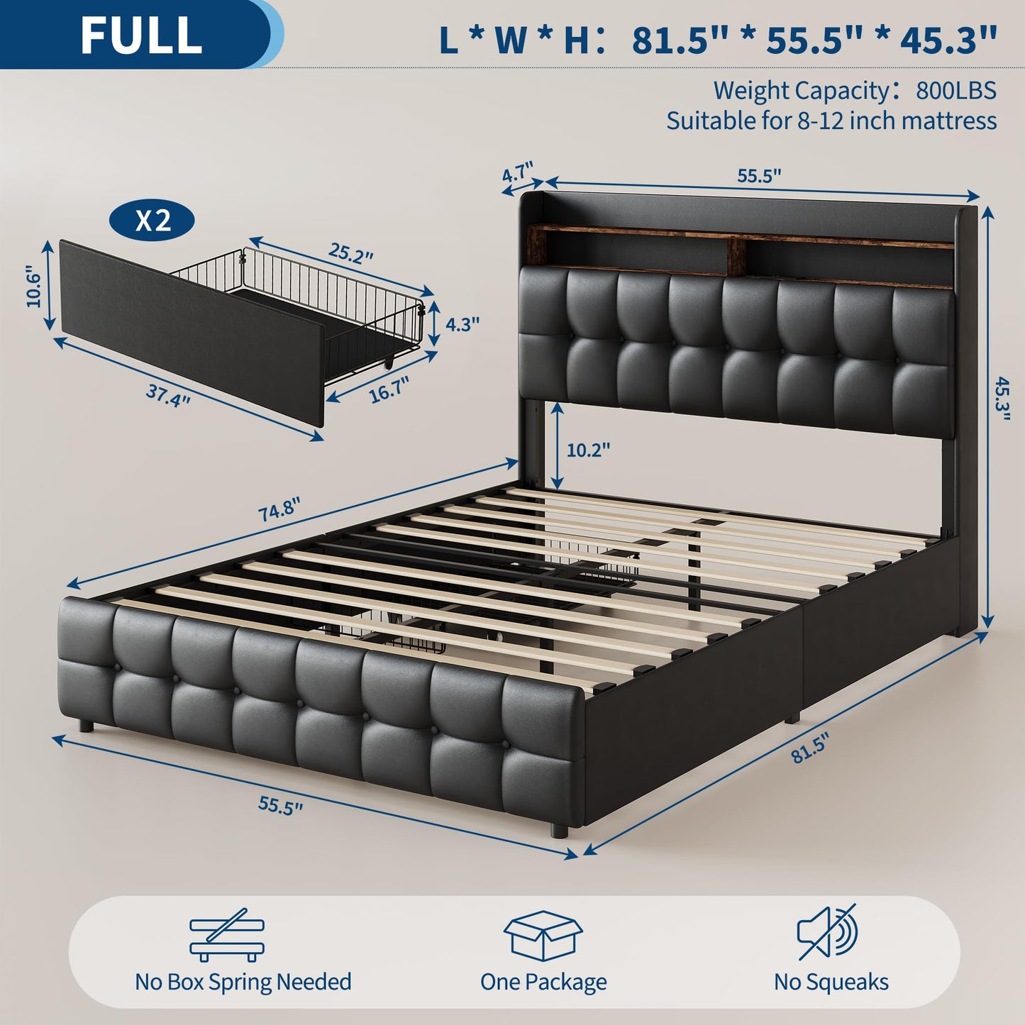 Full Size Upholstered Bed Frame with LED Headboard, 2 Storage Drawers, Charging Socket and USB Port, Soft Fuzzy Soft, Noise-Free Metal Platform for Bedroom, No Box Spring Needed, Natural Wood Shelf