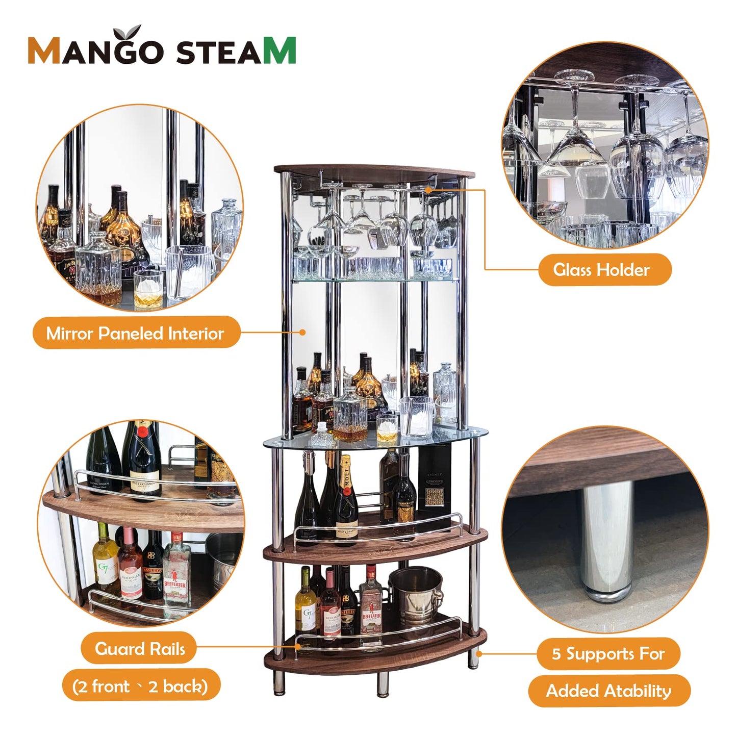 Mango Steam Contemporary Modern Home Entertainment Liquor Bar Catalina Table (Tower Bar, Clear and Brown)