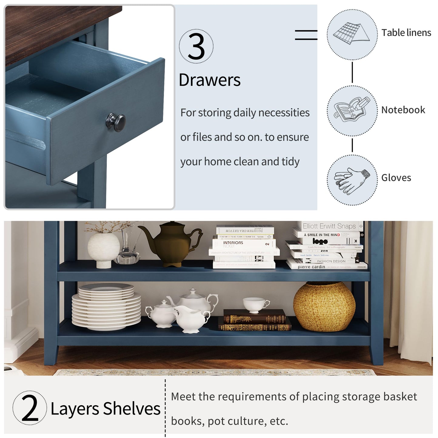 Merax Navy Retro Pine Wood Console Table with Drawers and Two Open Shelves for Entryway Hallway Living Room Bedroom, Type 11