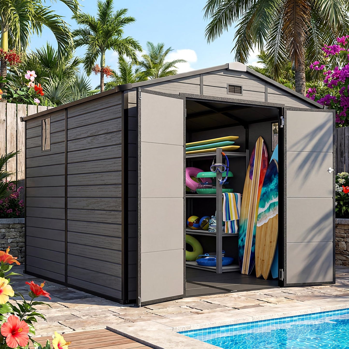Quictent 8x8 FT Resin Outdoor Storage Shed with Floor, Plastic Storage Shed with Window & Vent, Lockable Door, Heavy Duty Tool Garden Shed for Patio Bike Lawn Mower Pool Supplies(7.2X7.6FT Base)