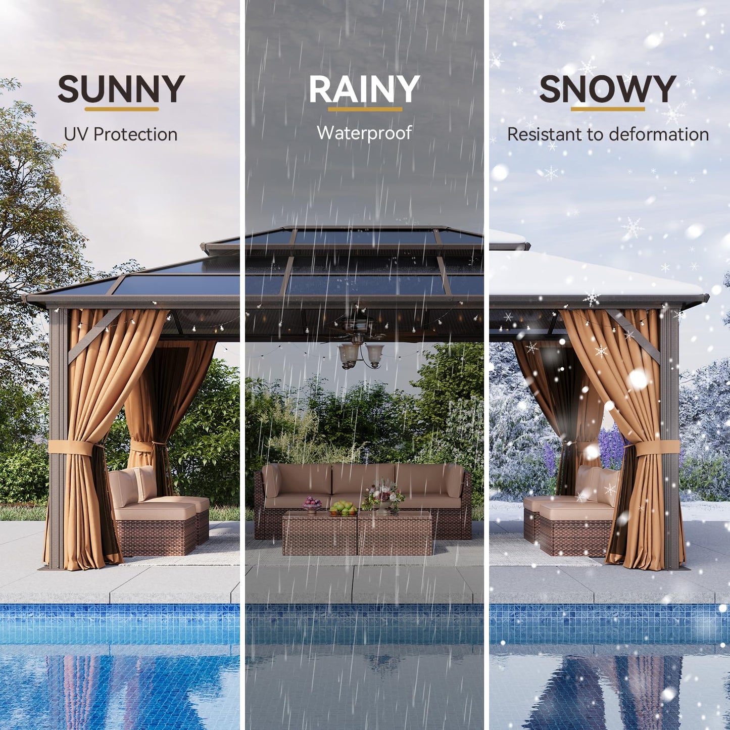 Aoxun 12'x16' Hardtop Gazebo, Outdoor Metal Gazebo with Double Polycarbonate Roof Canopy, Permanent Pavilion with Netting and Curtains for Lawn, Garden, Patio (Brown)