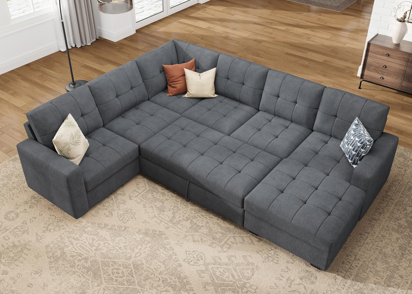 HONBAY Sectional Sleeper Sofa, Sleeper Sofa Couch with Storage Chaise, Sectional Couch with Pullout Bed for Living Room, Bluish Grey
