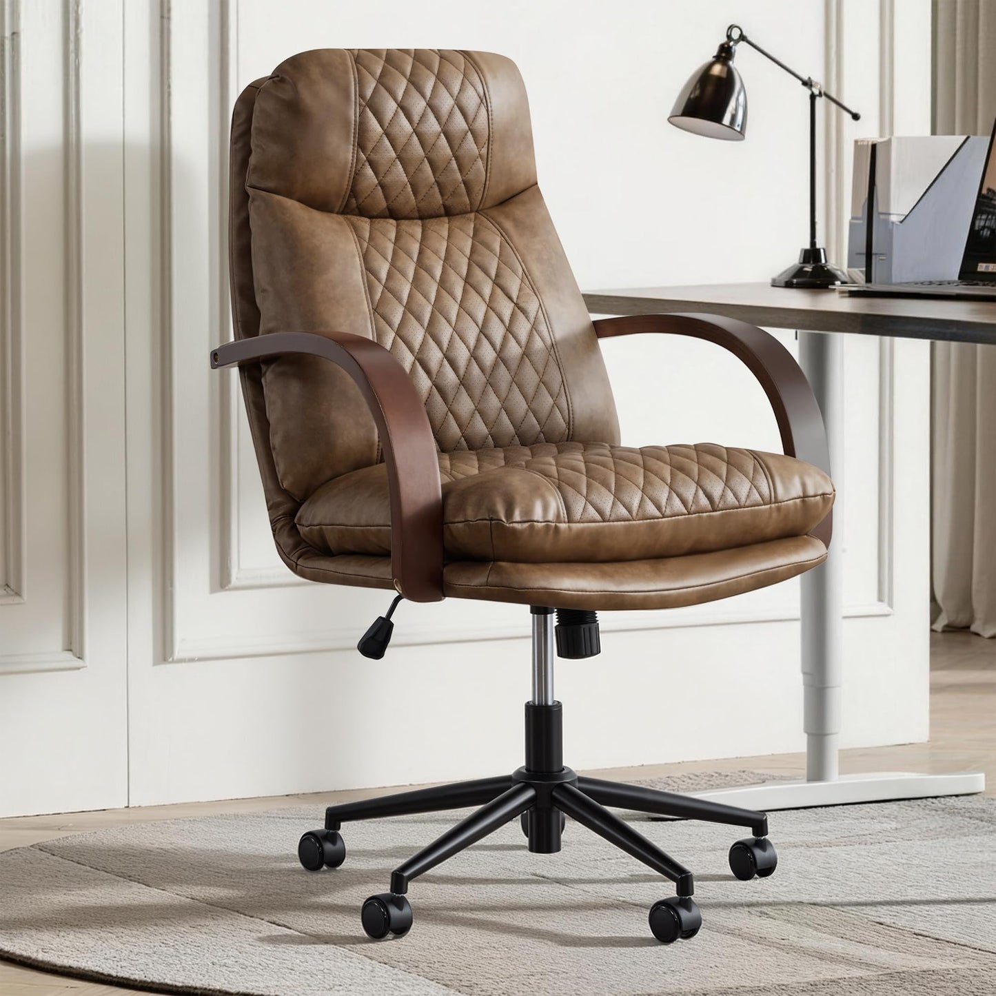 KISLOT Home Office Desk Chair, Ergonomic Office Chair with Lumbar Support, Adjustable Swivel Computer Chair with Wheels, Faux Leather Executive Task Chair with Wood Arms, Brown