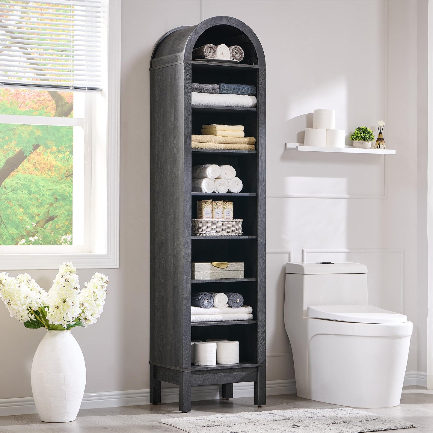 IFGET 71" Tall Arched Bookshelf, 8 Tiers Arch Bookcase with Storage, Modern Farmhouse Book Shelf with Adjustable Shelves, Wood Bookshelf w/Open Display Shelves for Living Room, Office (Dark Grey)