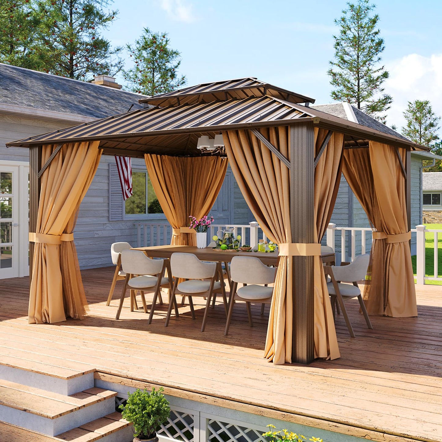 Aoxun 10x12 Gazebo Outdoor Hardtop Gazebo with Double Galvanized Steel Roof Metal Frame Pavilion with Breathable Netting and Privacy Curtain for Backyard (Brown)