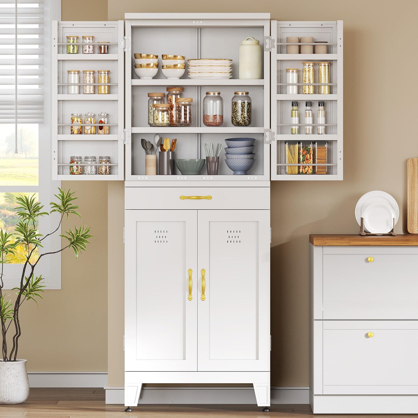 YITAHOME 71" Metal Kitchen Pantry Cabinet with 4 Door & 4 Adjustable Shelves, Storage Cabinet with 1 Drawer & 8 Door Racks, Tall Freestanding Food Steel Cupboard for Kitchen, Dining Room, White