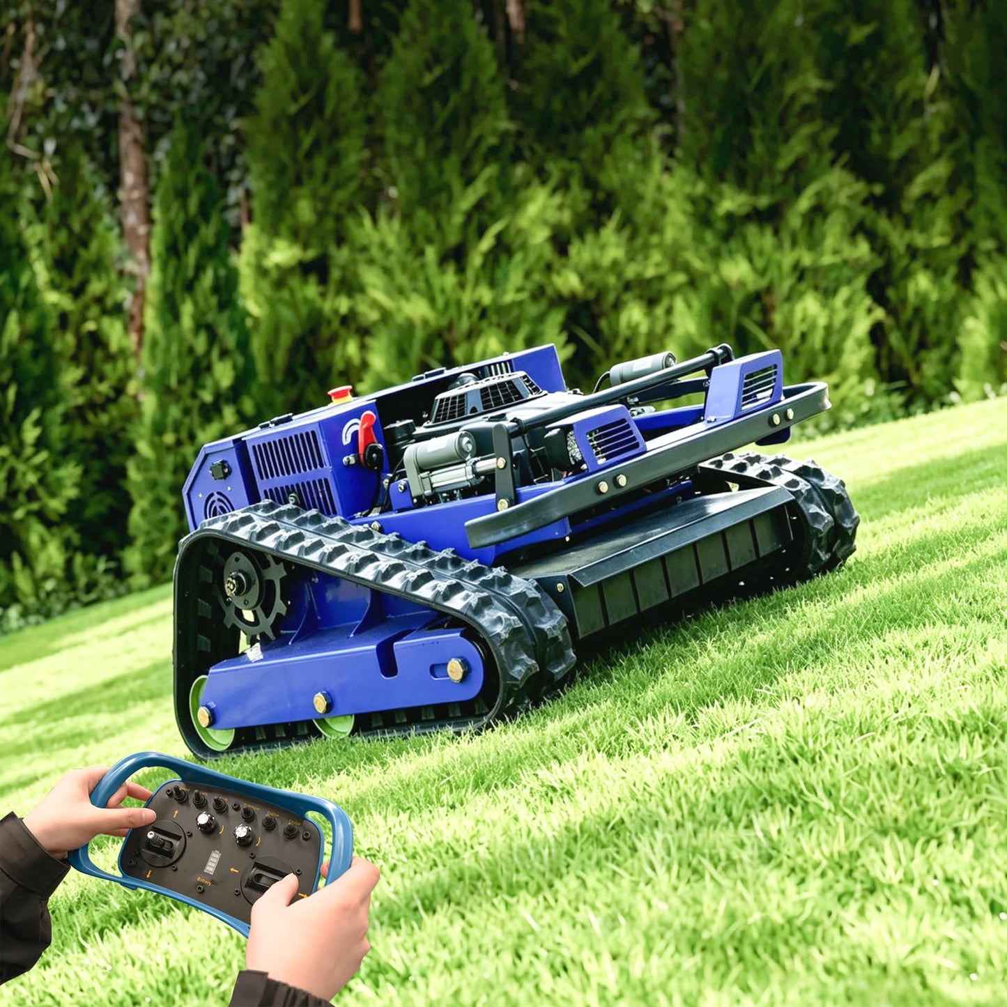 AIWEIYA-Remote Control Lawn Mower,Oil-Electric Hybrid Crawler Track Mower,1.1-5.9 Inch Cutting Height Professional Landscape and Estate Mower for 100% Slope(45°) Large Turf Grass Cutting