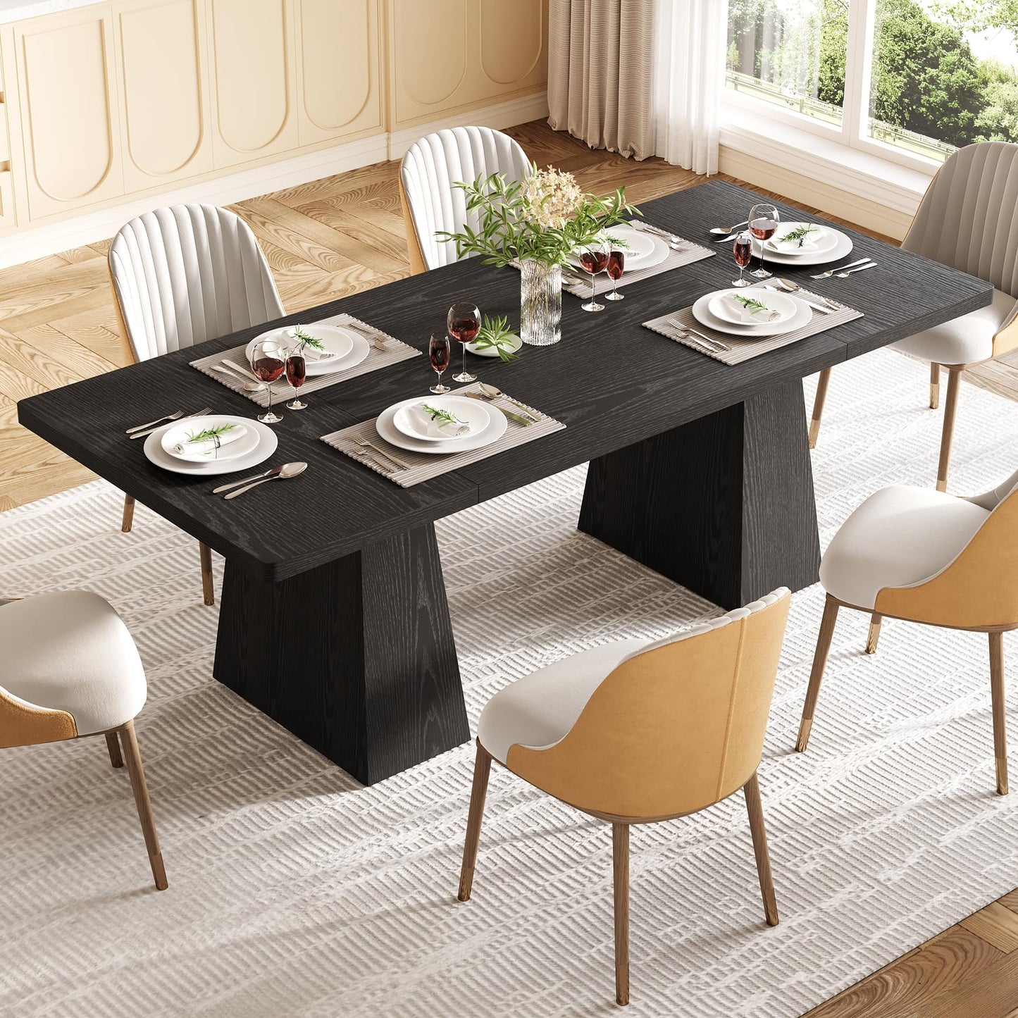 LITTLE TREE Dining Table for 4-6 People, Wooden Table, Rectangle Furniture with Heavy Duty Legs, Modern Kitchen Table for Home, Dining Room, Black