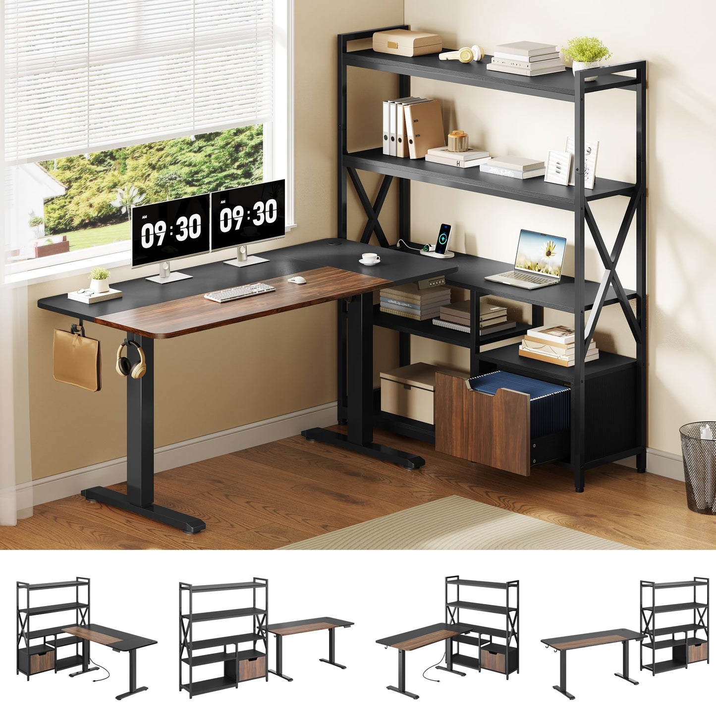 Homiflex 2-in-1 L Shaped Electric Standing Desk with Bookcase, 77.8'' Large Office Desk with Height Adjustable, File Drawer and Power Outlets, Variable Computer Desk Set for Home Office, Black