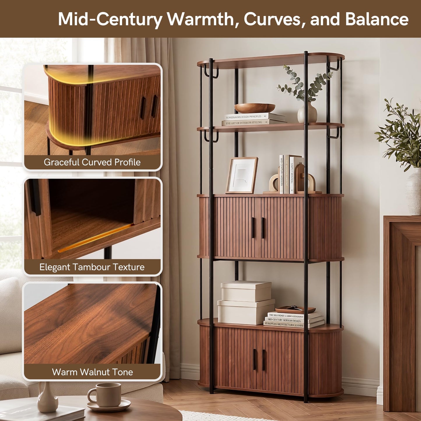 Afuly 72" Tall Bookshelf with Doors Mid Century Modern Walnut Book Shelf with Cabinet, 5 Shelf Bookcase for Display and Storage, Curved Bookshelves with Tambour Doors for Living Room Bedroom Office