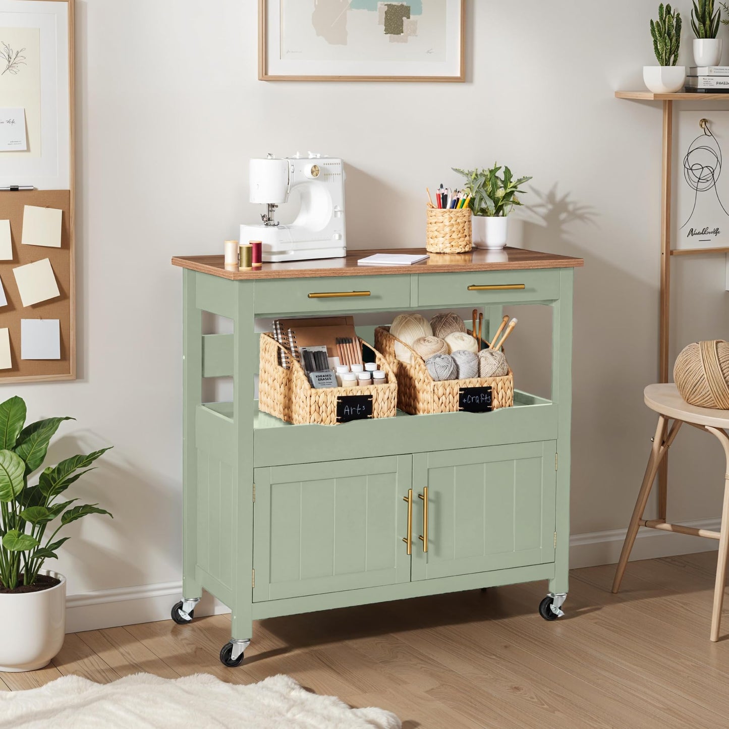 Best Choice Products 36in Large Rolling Kitchen Island Cart, 2-Door Cabinet, 2 Drawers, Pull-Out Shelf, Power Outlet, Hooks, & Swivel Lockable Wheels - Pistachio Green