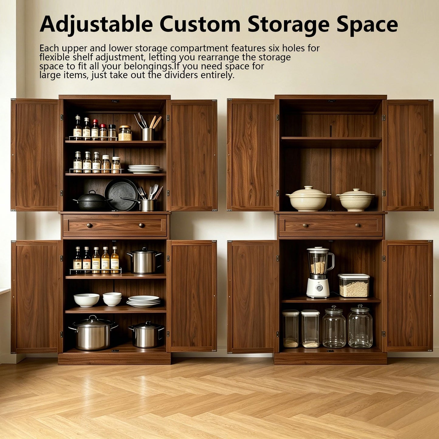 72.2" Walnut Rattan Kitchen Pantry Cabinet, Freestanding Farmhouse Storage Hutch with 4 Adjustable Shelves & 1 Drawer, 180° Metal Hinges Anti-Toppling Tall Wooden Cupboard for Kitchen Dining Room