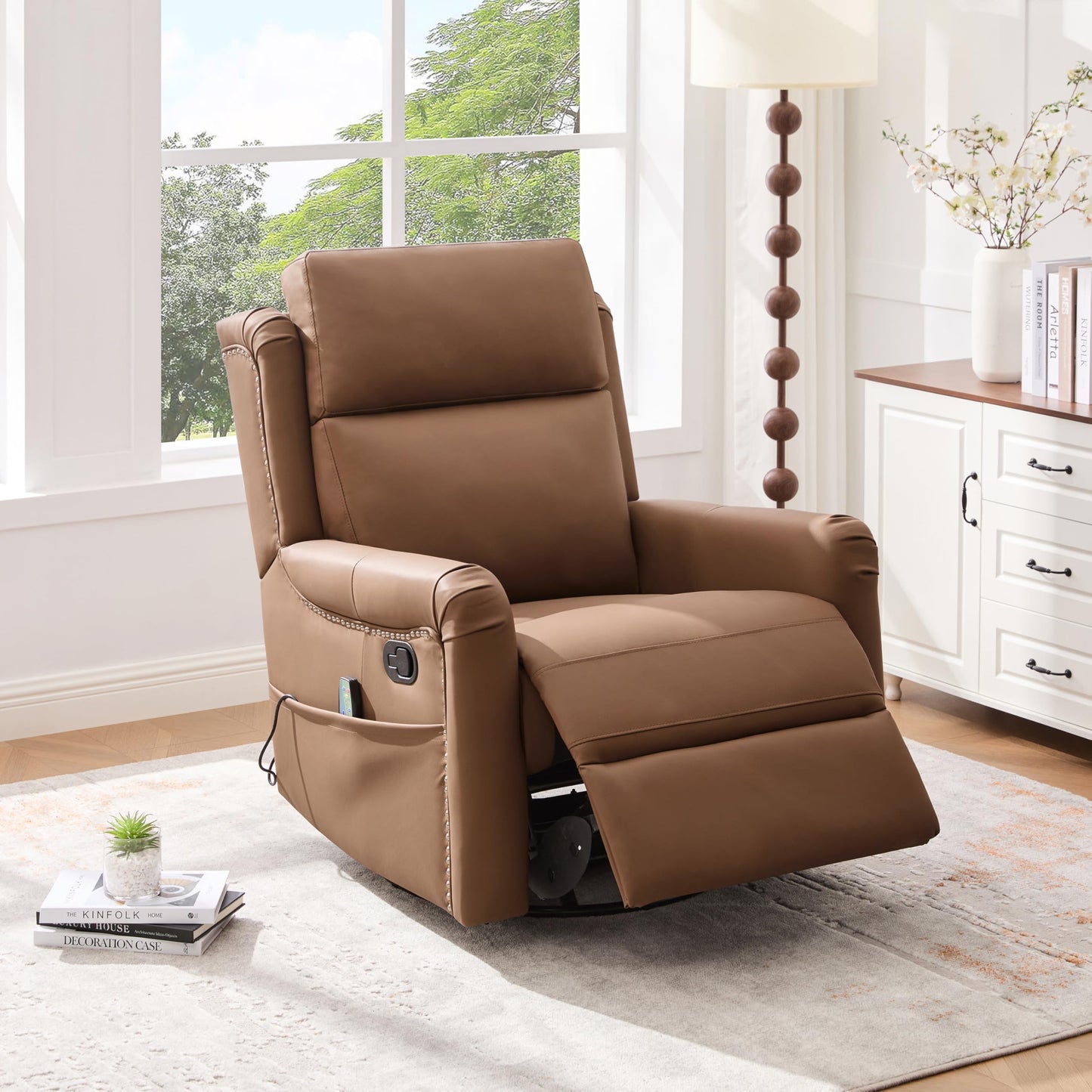 Merax Modern Manual Recliner Chair with Massage & Heat, 270° Swivel Rocking Chair, PU Leather Upholstered Home Theater Recliner with Storage Pocket, Adjustable Backrest for Living Room, Brown