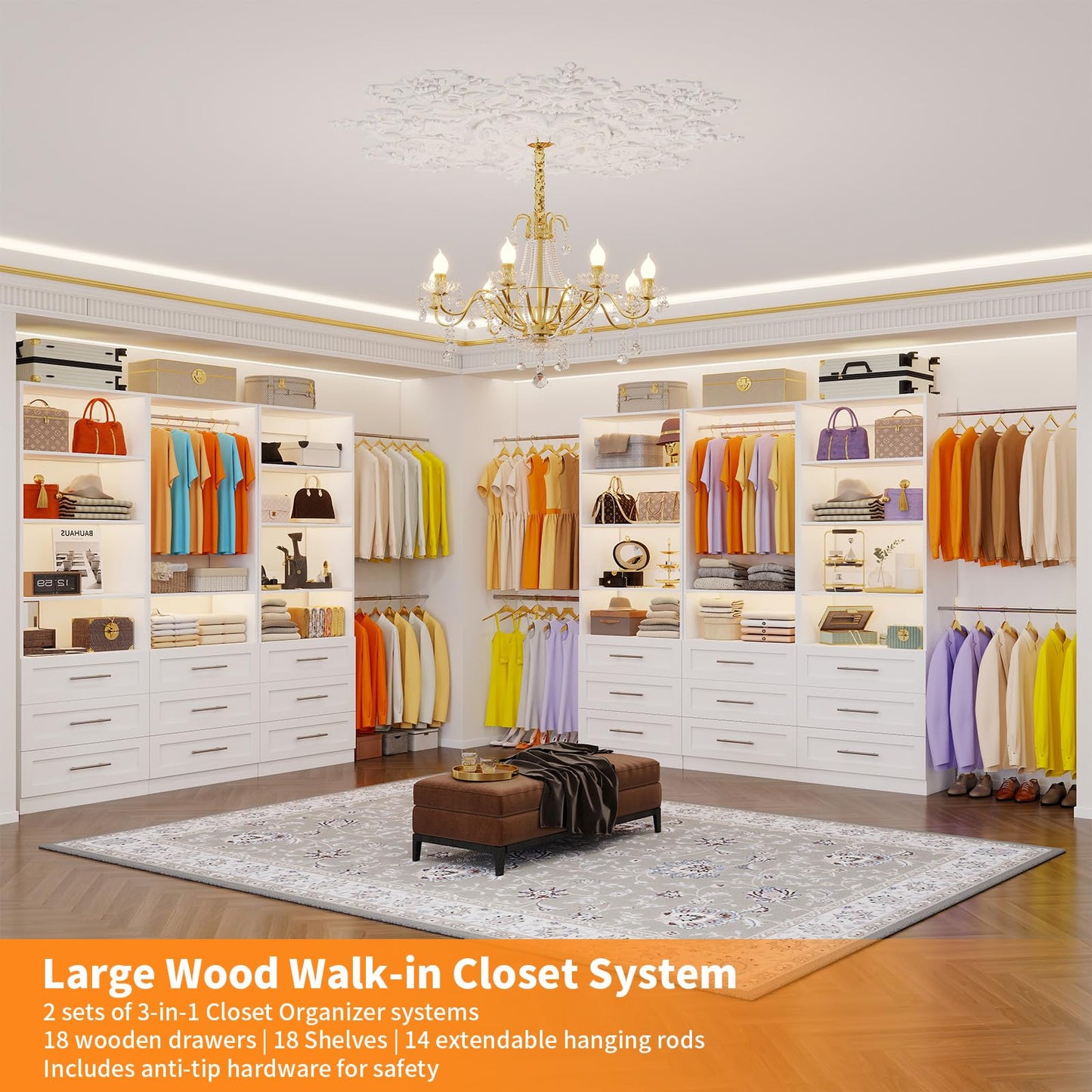 Closet System with 3 Sets, 6–20 FT Closet System with 9 Drawers, 9 Shelves & 7 Adjustable Hanging Rods, Max 244.3" Closet Organizer Systems for Walk-in Closets, Modular Custom Closet Tower, White