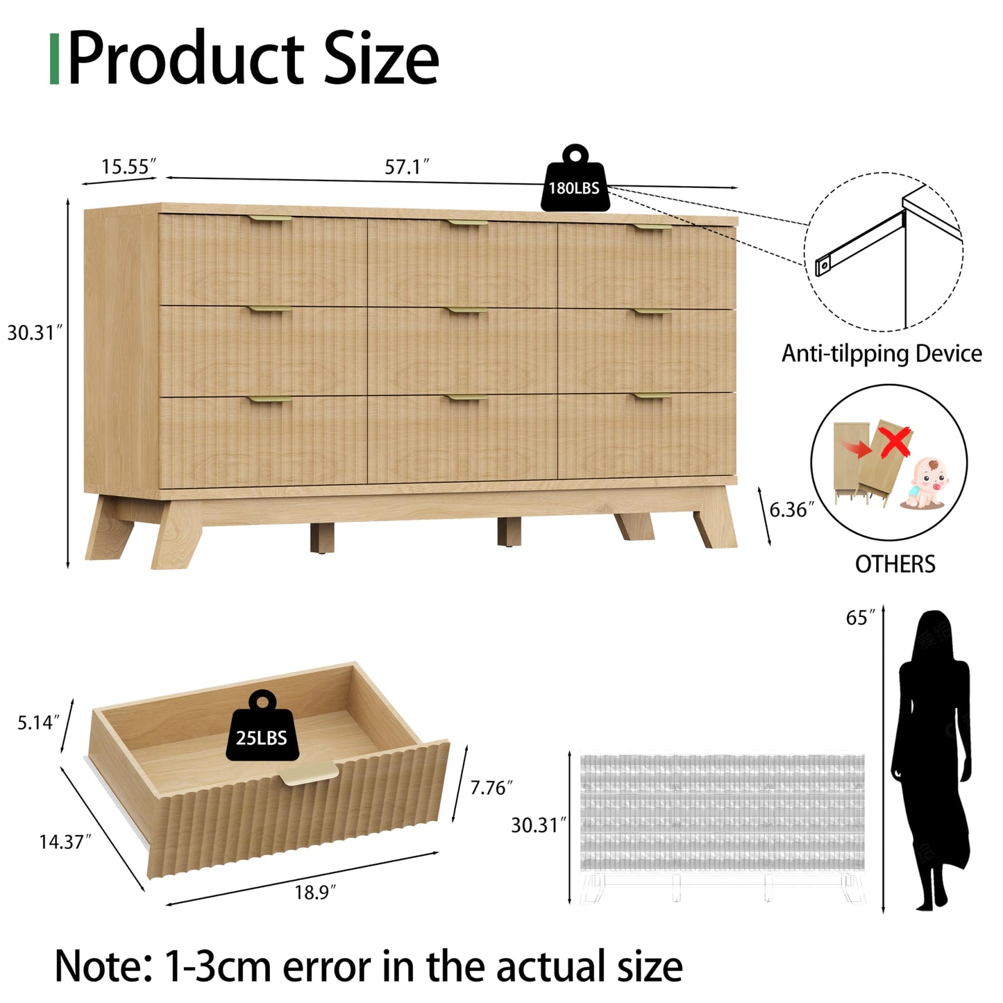 Fluted Dresser for Bedroom with 9 Drawers, 57" Wide Modern Chest of Drawers with Metal Handle, Wooden Dresser TV Stand, Wood Closet Clothes Storage Organizer for Living Room, Hallway, Natural Oak