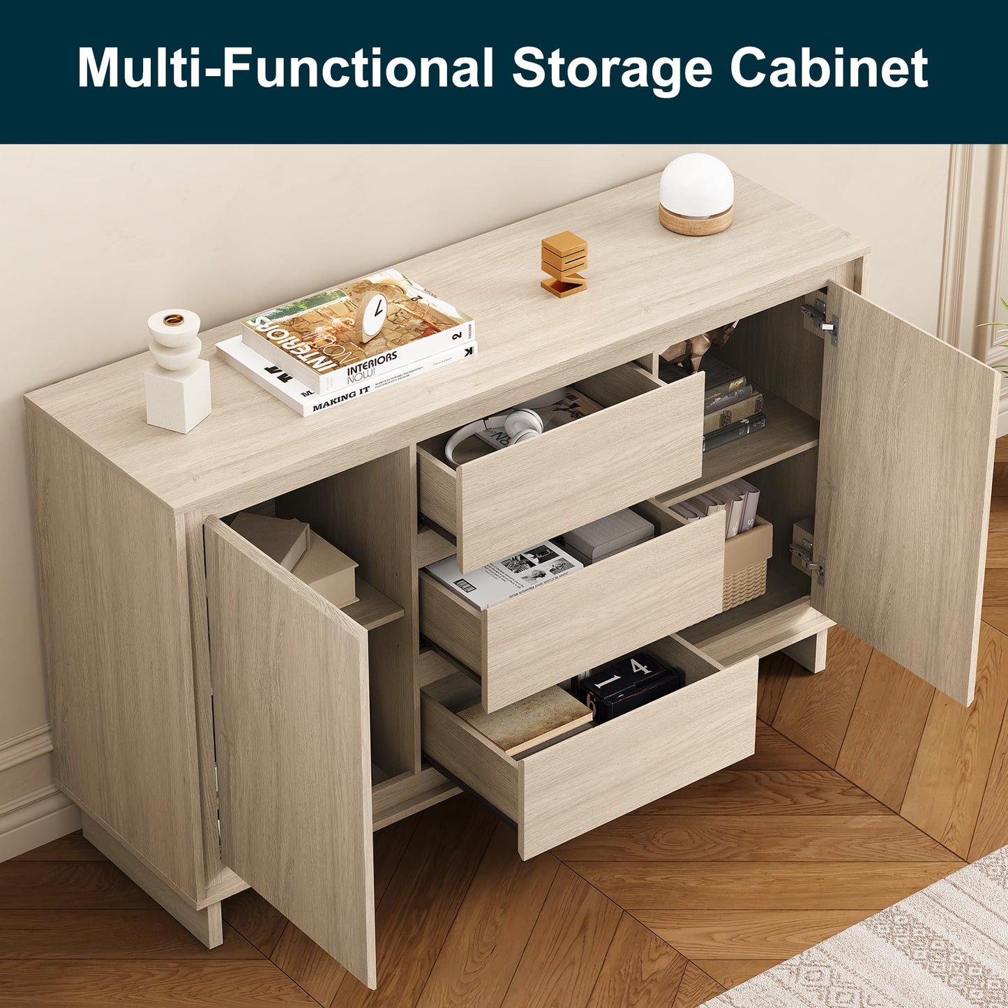 RoyalCraft Buffet Cabinet with Storage, Modern Wood Sideboard Credenza with 2 Doors and 3 Drawers, Coffee Bar Cabinet with Adjustable Shelves for Kitchen, Living Room, Dining Room, Entryway, Beige