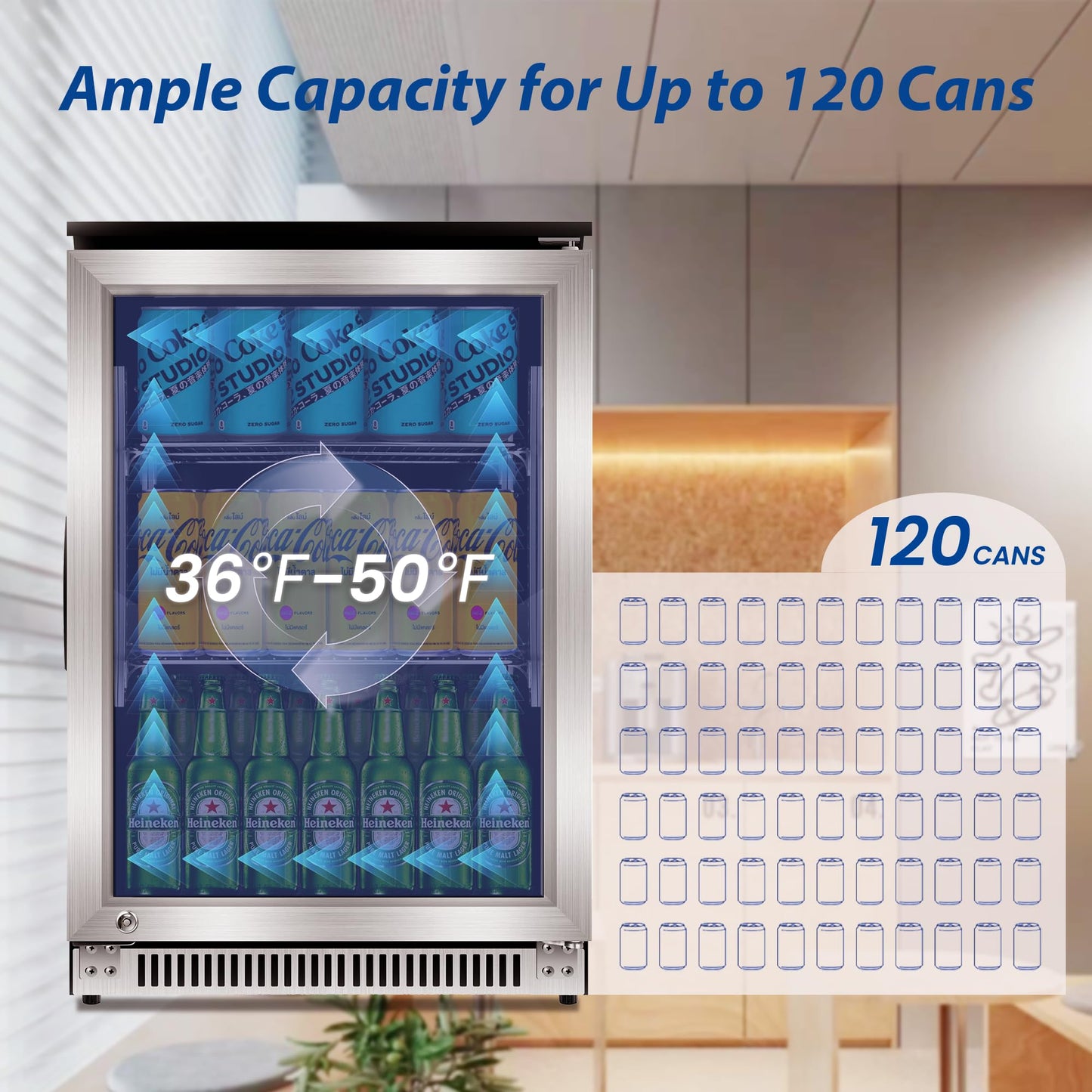 Advanics 20 Inch Beverage Refrigerator Cooler,Under Counter Drink Fridge with Glass Door, Built-in or Freestanding, Quiet Compressor Cooling, 120 Can Capacity for Beer and Soda