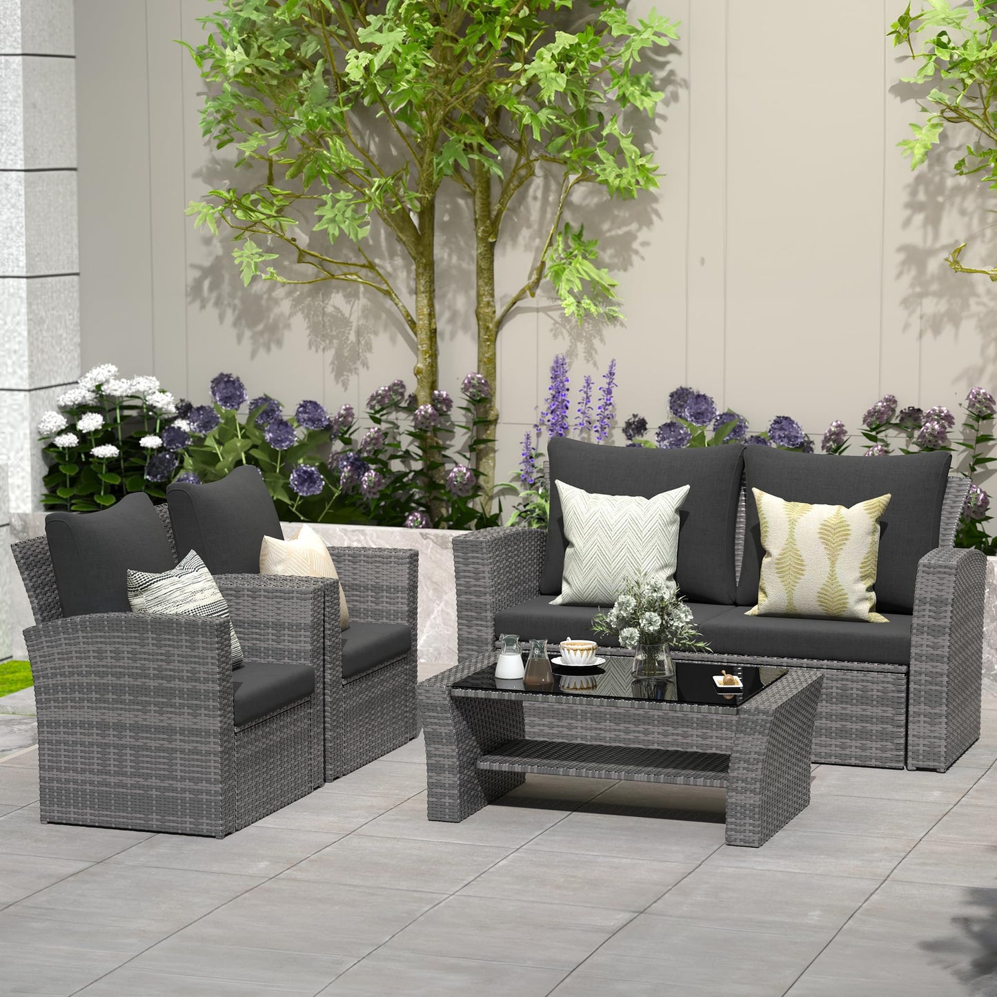 Solaste 4 Piece Outdoor Patio Furniture Set, Outdoor Sectional Sofa with Tempered Glass Coffee Table and Cushions, Wicker Rattan Patio Set for Backyard, Front Porch, Balcony, Black