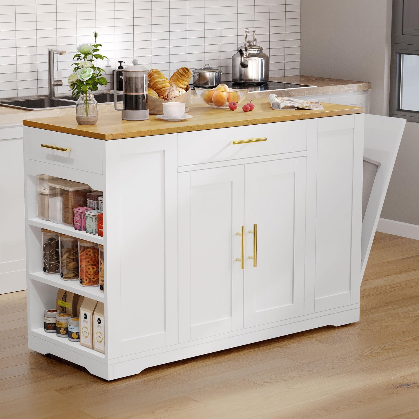 YITAHOME 53 inch Large Rolling Kitchen Island with Trash Can Storage Cabinet, Portable Mobile Islands Table Long Floating Movable w Wheels Cabinet for 13 Gallon Garbage Bin 2 Drawer, White Oak