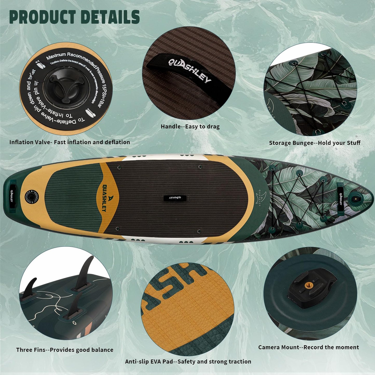 Quashley Inflatable Paddle Board 10.5'*32" Stand Up Paddleboards Inflatable with Premium SUP Accessories,Durable Material and Non-Slip Deck,Removable Paddle Fins Green