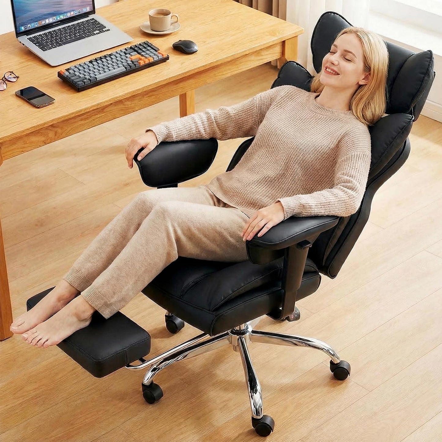 DUMOS Big and Tall Home Office Desk Chair, Gaming Computer Chair, Executive Ergonomic Chair with Footrest, High Back Reclining, Adjustable Armrests and Comfy Lumbar Support, PU Leather, Black