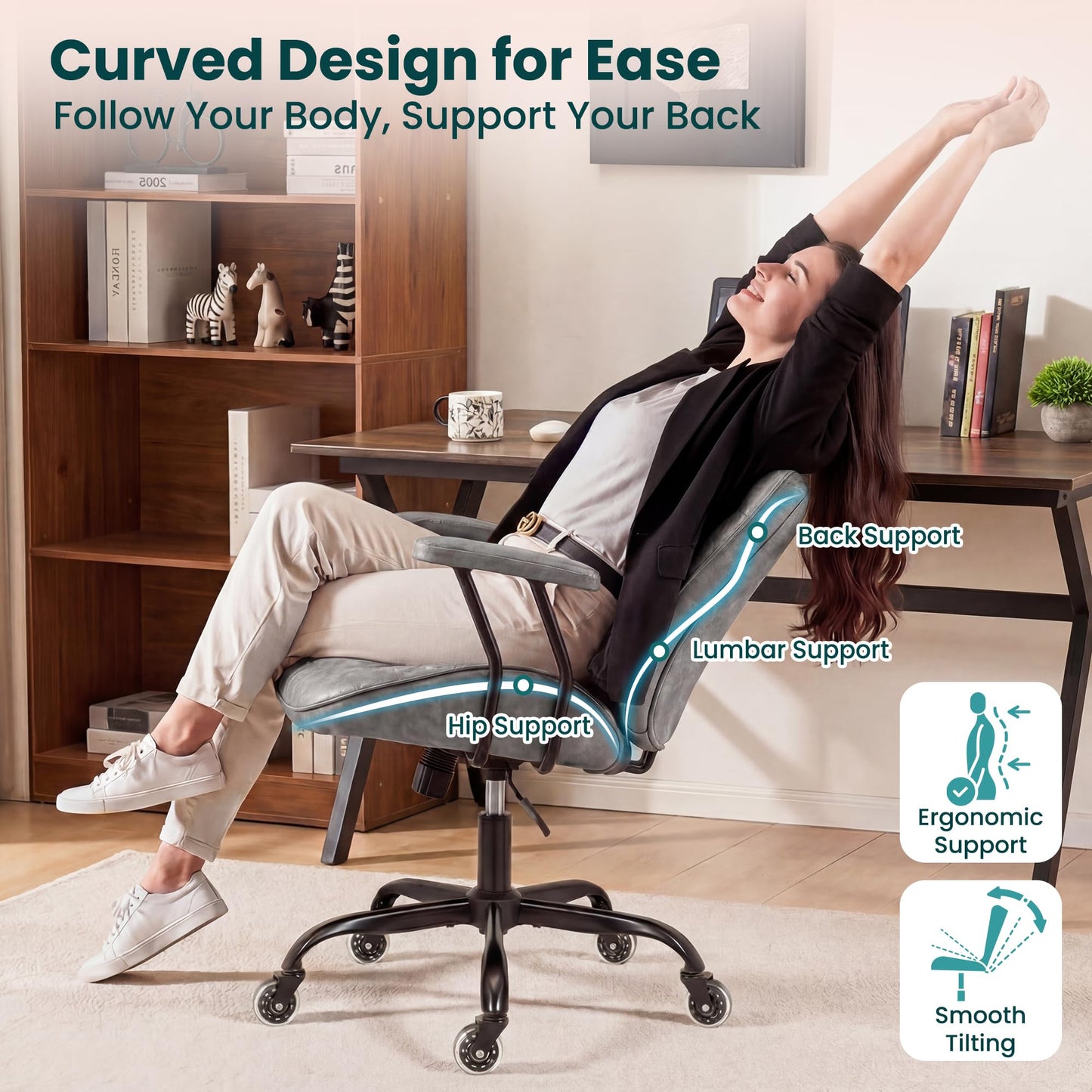 NEO Chair Ergonomic Leather Office Desk Chair with Fixed Armrests Mid Back Lumbar Support Swivel Executive Computer Chair with Wheels Comfy Home Office Chair for Adults (Grey)